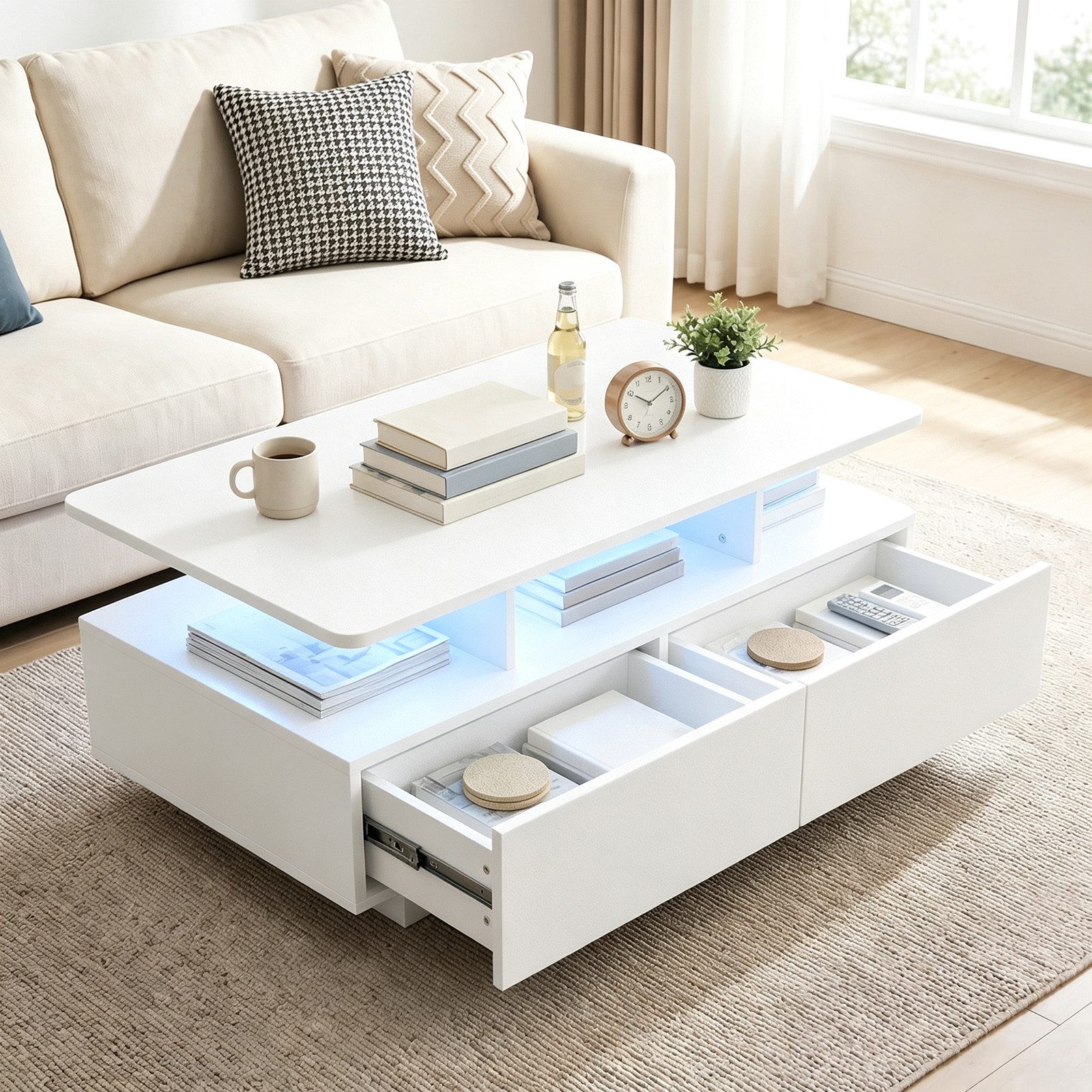 COSTWAY Couchtisch mit LED-Beleuchtung, Wohnzimmertisch mit 4 Schubladen & offener Ablage