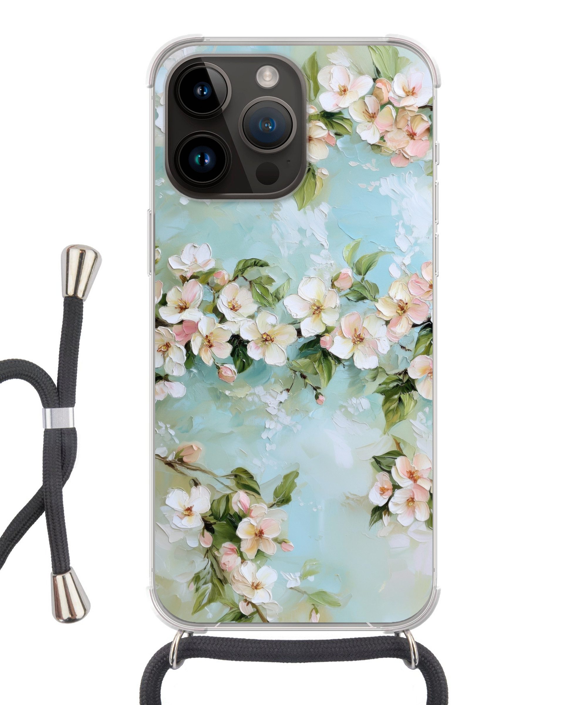 MuchoWow Handyhülle für Apple iPhone 14 Pro Blüte - Blätter - Hellblau, Tragbare Handyhüllen mit Kette zum umhängen, Handykette Handyband