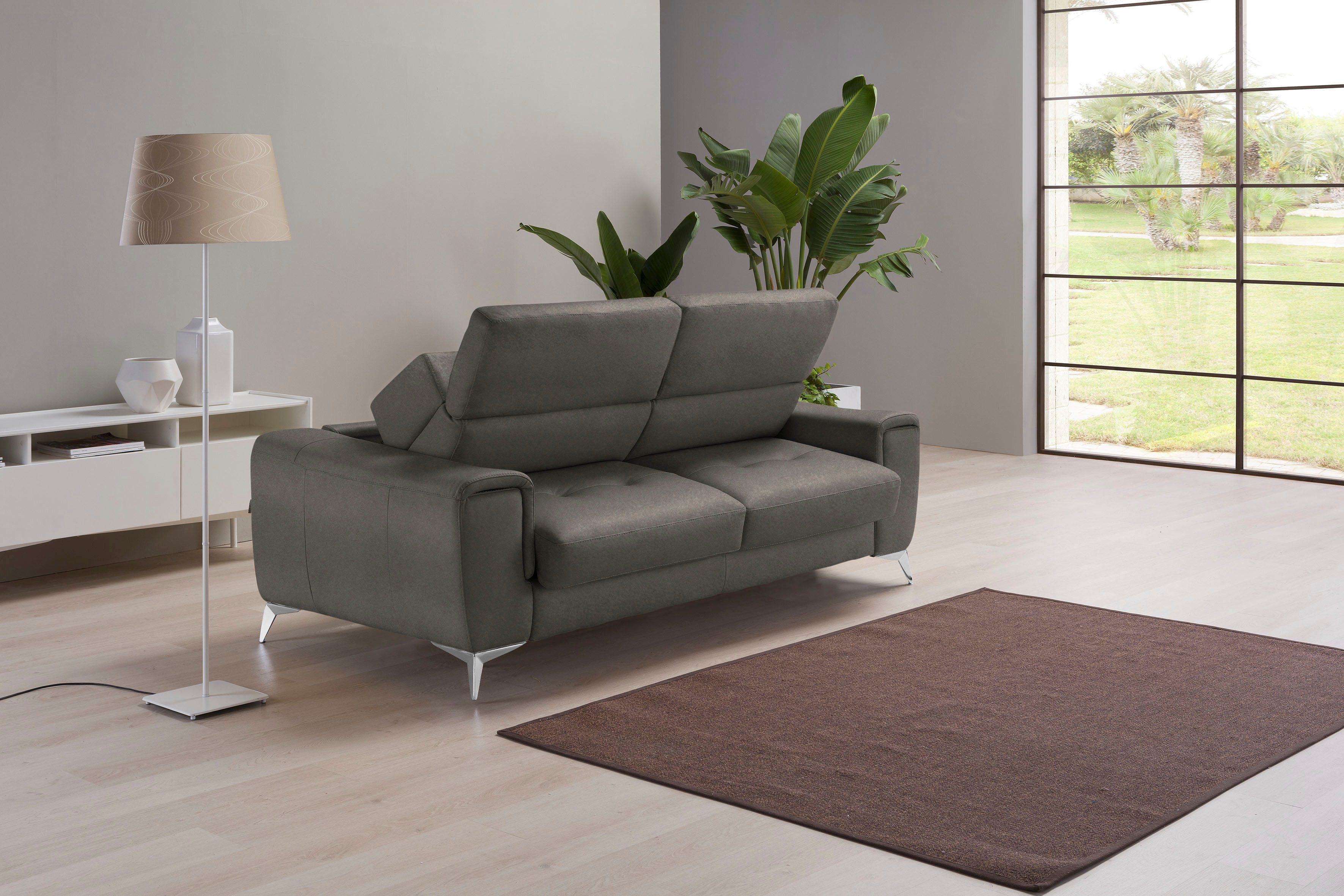 Egoitaliano Schlafsofa Francine Designsofa, Loungesofa mit Dauerschlaffunktion, Breite 233 cm, mit Bettfunktion, Luxus-Microfaser Lederoptik, smoke, Fußfarbe chrom