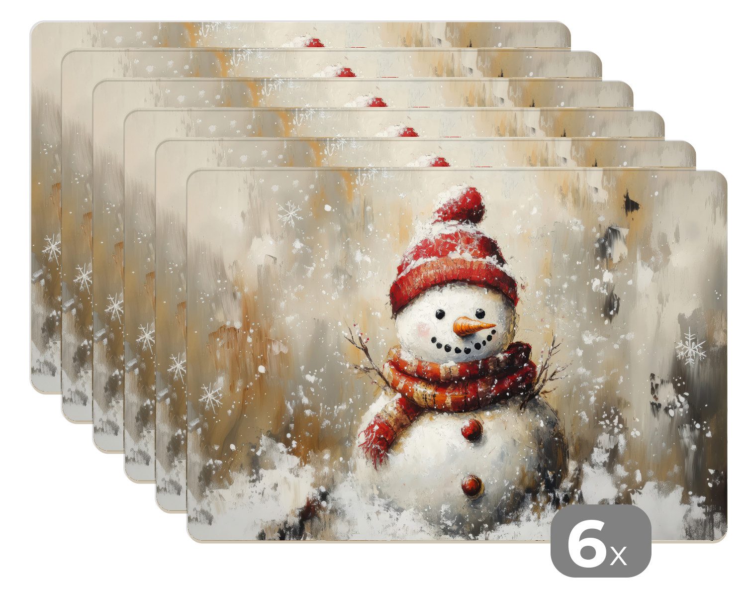 MuchoWow Platzset Schneemann - Winter - Schnee - Beige, (6-St), Platzsets, Tischset, Abwaschbar, Tischsets, Platzdeckchen