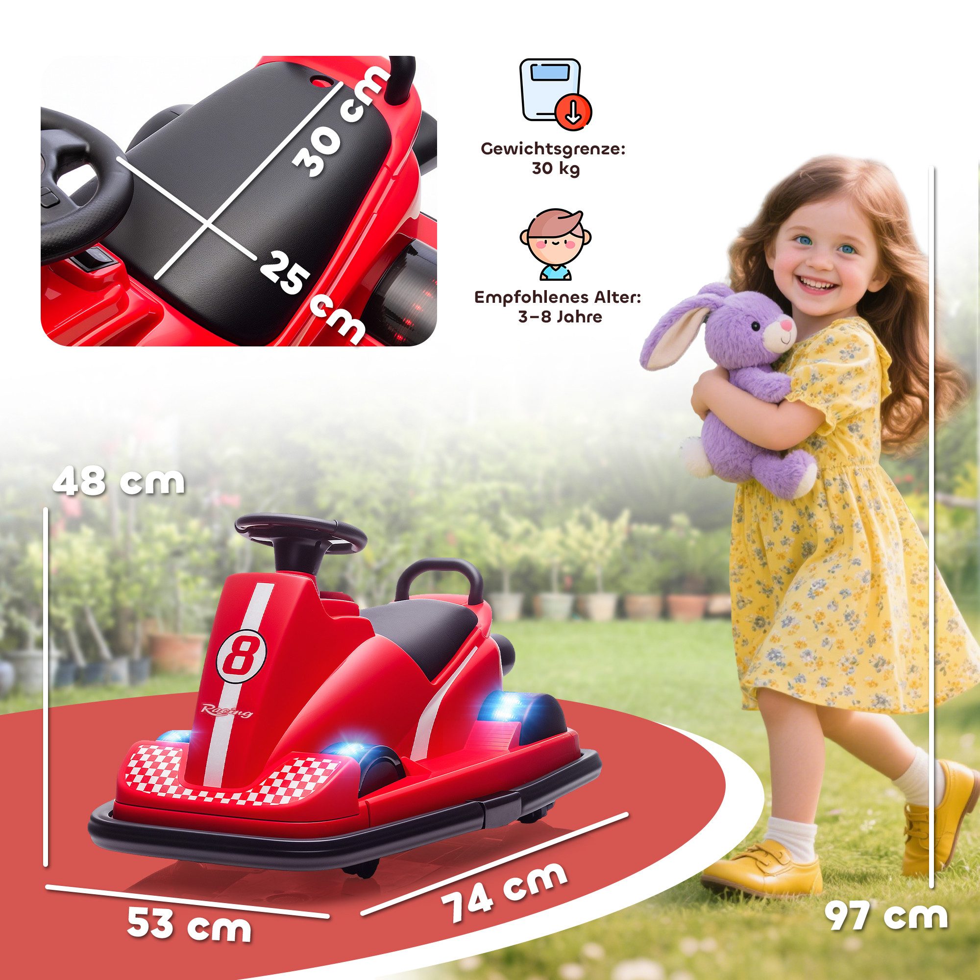 AIYAPLAY Elektro-Kinderauto Kinder Autoscooter, Bumper Car, 360° drehbar, Sanftstart, Belastbarkeit 30 kg, (1-tlg), Musikfunktion, 3-8 Jahre, Rot