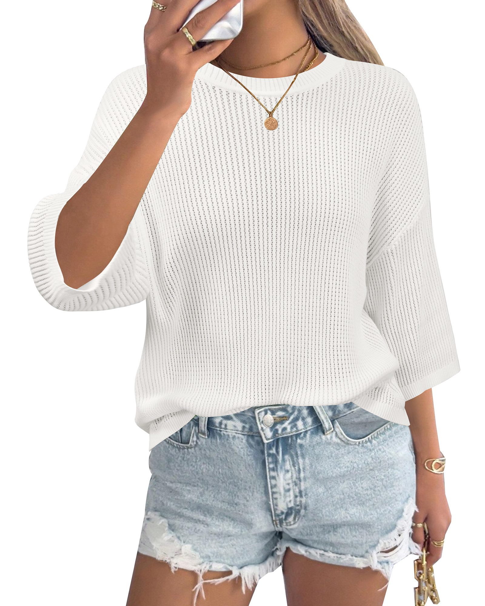 Arach&Cloz Strickpullover Damen 3/4-Arm Strickpullover, Ajour Bigshirt Bluse aus 100% Baumwolle Lässiges Sommer Oberteil mit Häkeldetails