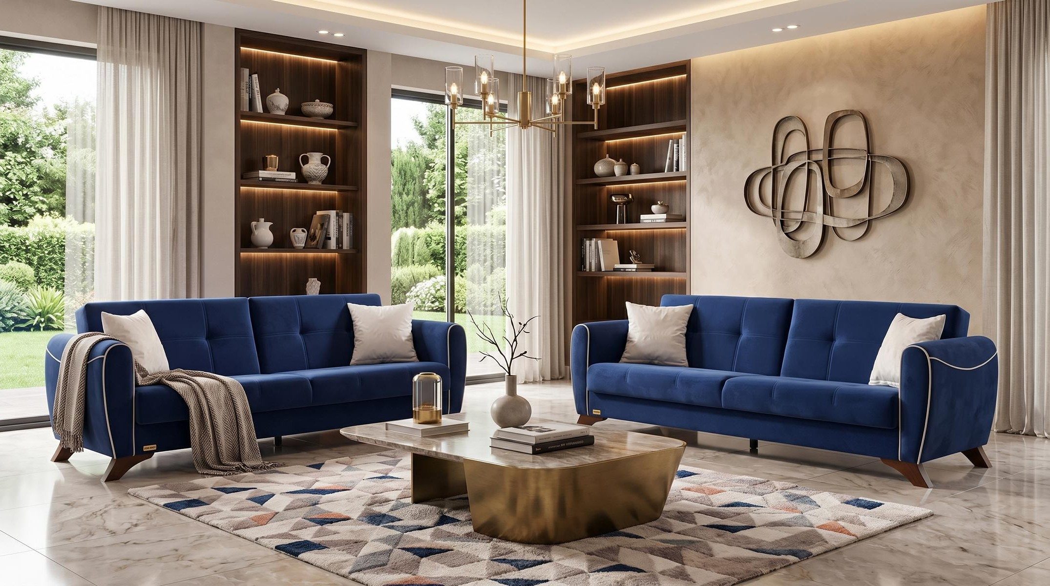 Xlmoebel Polstergarnitur Luxuriöses blau-beiges Wohnzimmer-Set Sofas Stoffsofas modern, (2-tlg., 2-1)