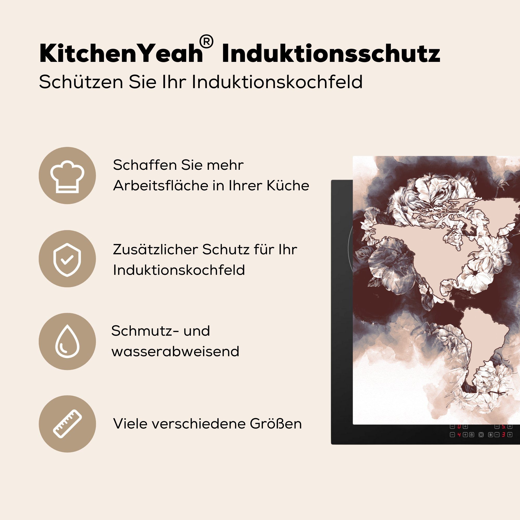Induktionskochfeld für Weltkarte 81x52 Vinyl, Ceranfeldabdeckung Herdblende-/Abdeckplatte Schutz MuchoWow cm, Rosen, die küche, Braun - - tlg), (1
