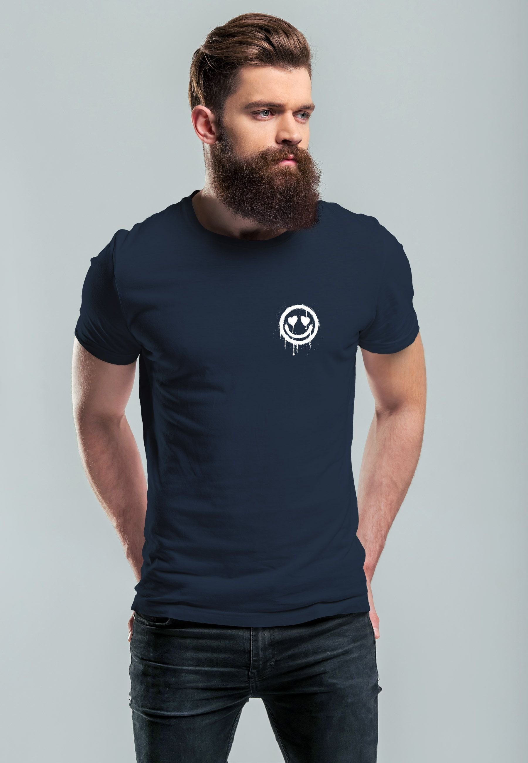 Neverless Print-Shirt T-Shirt mit Herren Herz-Augen Motiv Drip Print Face Drippy navy Aufdruck Print Smile