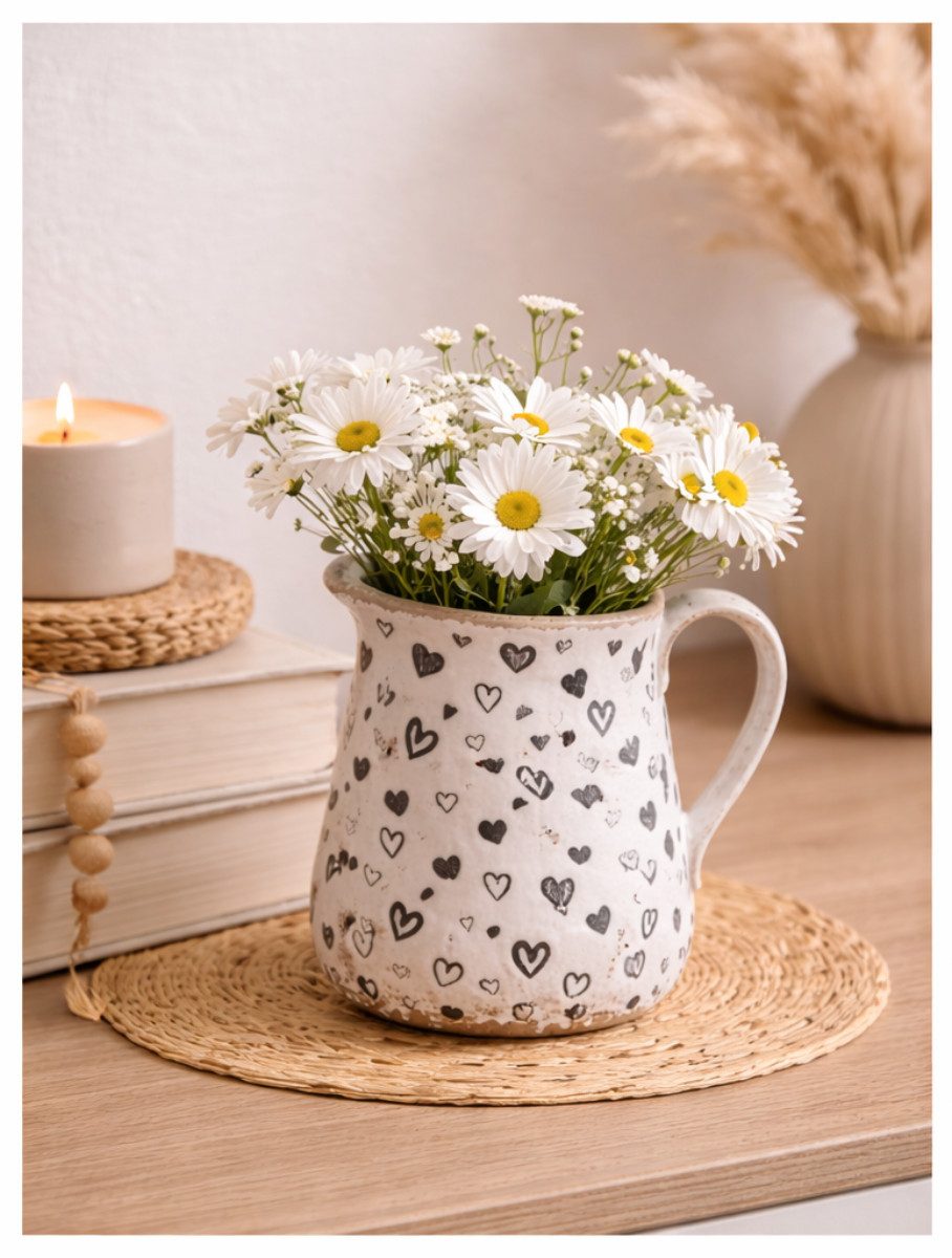 finehomegarden Dekovase Vase & Dekokanne Herzen Krug Weiß-Schwarz Steinzeug 17x12xH18cm (1 St), & 21x14xH23cm Romantische Blumenvase modernes Design 2Größen wählbar