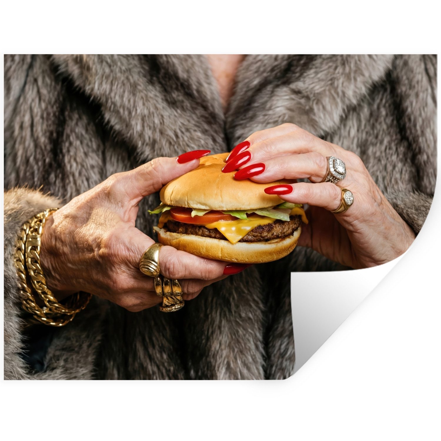 MuchoWow Wandsticker Frau - Hamburger - Pelzmantel (1 St), Wandtattoo, Selbstklebend, Wohnzimmer, 80x60 cm