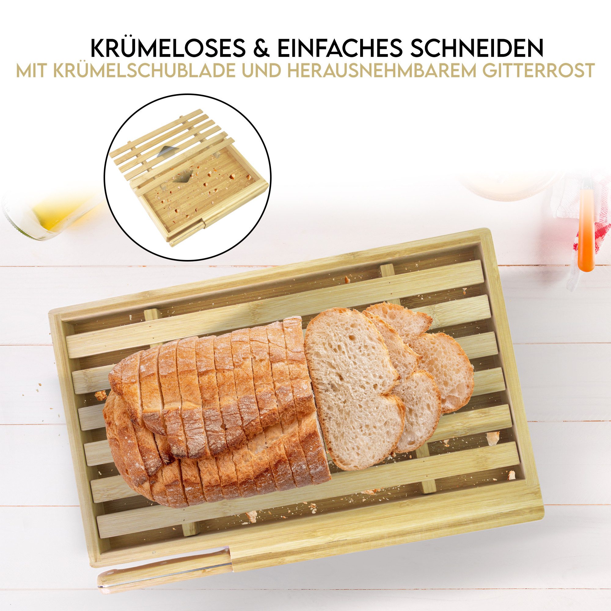 hausleben Brotschneidebrett Brotschneidebrett Bambus mit Messer, 33,5x21,5x3,5 cm, (1-St), Perfekte Schneideunterlage für Brot & Brötchen
