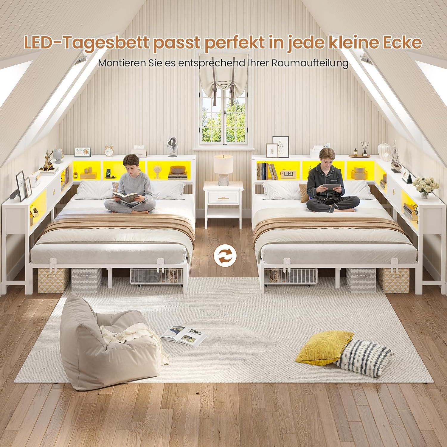 MSMASK Daybett L-Form Schlafsofa mit LED-Beleuchtung und Steckdose, Kinderbett (1 tlg), Jugendbett mit Metallrost, 140x200cm, Weiß – Bild 4 von 5