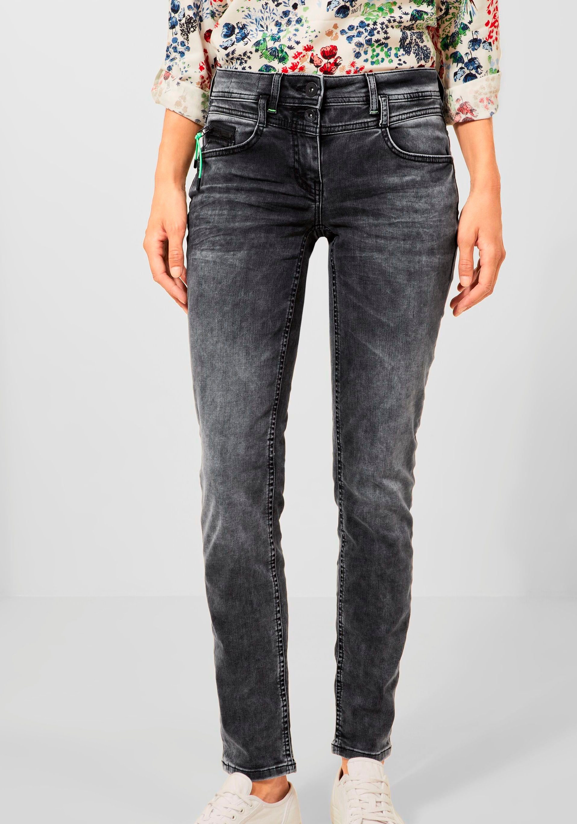 Cecil Slim-fit-Jeans mit kontrastfarbener Zippertasche