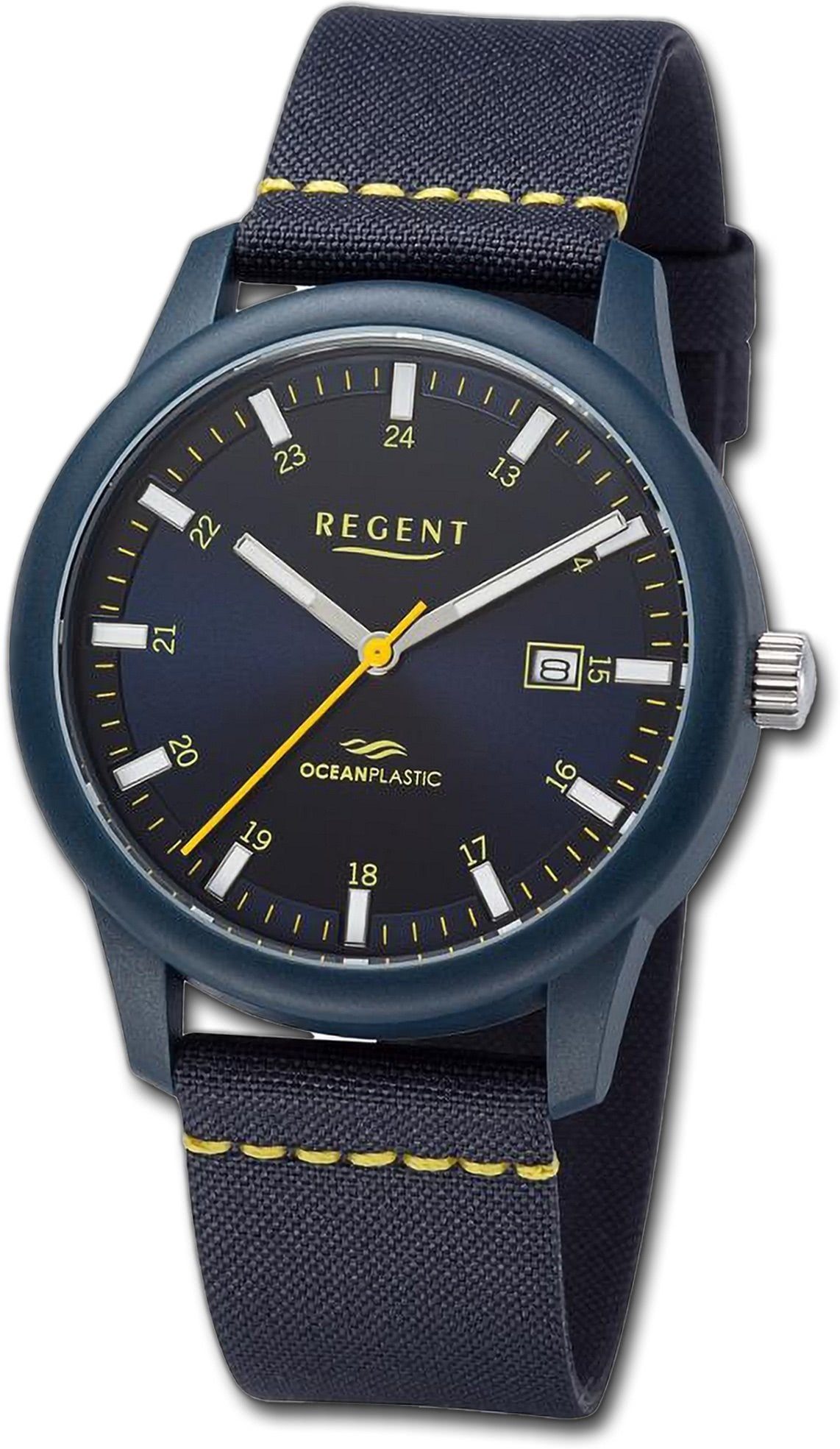 Regent Quarzuhr Regent Herren Armbanduhr Analog, (Analoguhr), Herrenuhr Nylonarmband dunkelblau, gelb, rundes Gehäuse,groß (ca 40mm)