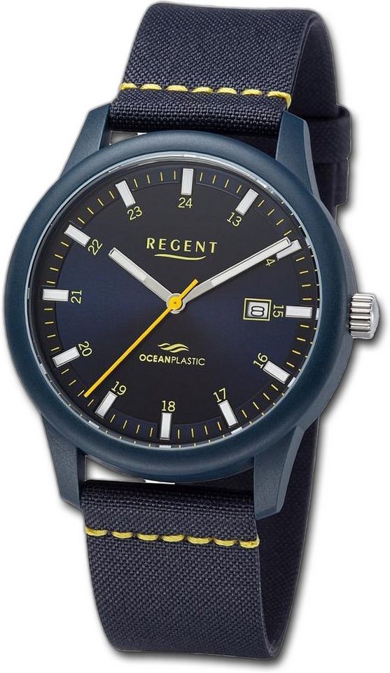 Regent Quarzuhr Regent Herren Armbanduhr Analog, Herrenuhr Nylonarmband  dunkelblau, gelb, rundes Gehäuse,groß (ca 40mm)