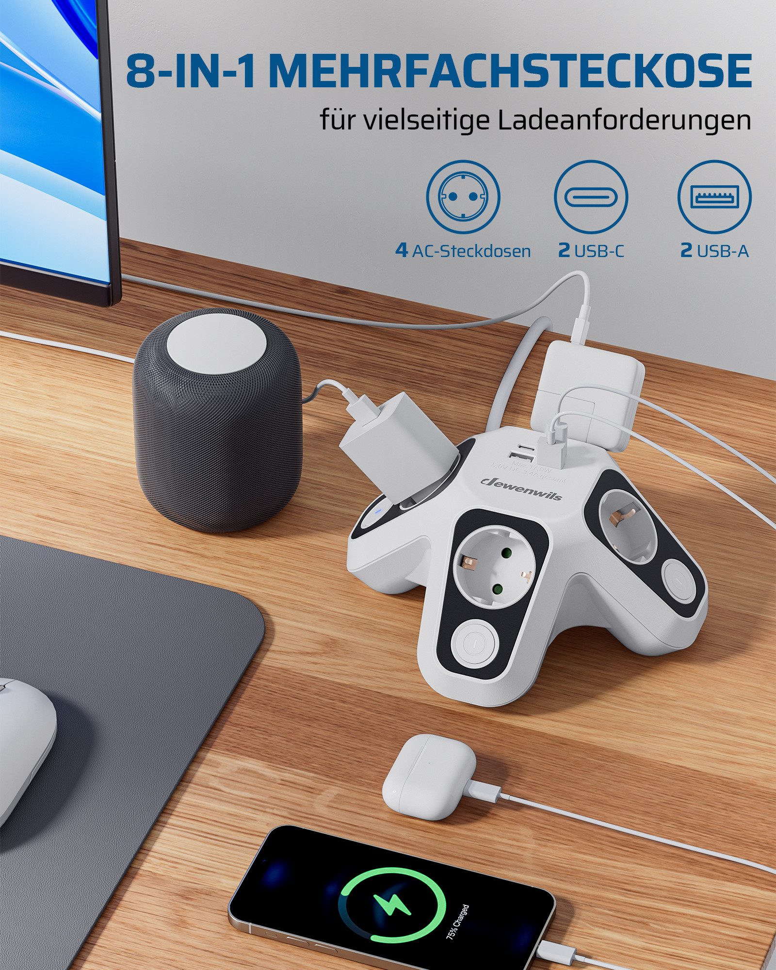 DEWENWILS Steckdosenleiste mit USB-C/A Mehrfachsteckdose 4-fach (einzeln schaltbar, Überspannungsschutz & Kindersicherung, Kabellänge 2 m), für Schreibtisch & Büro