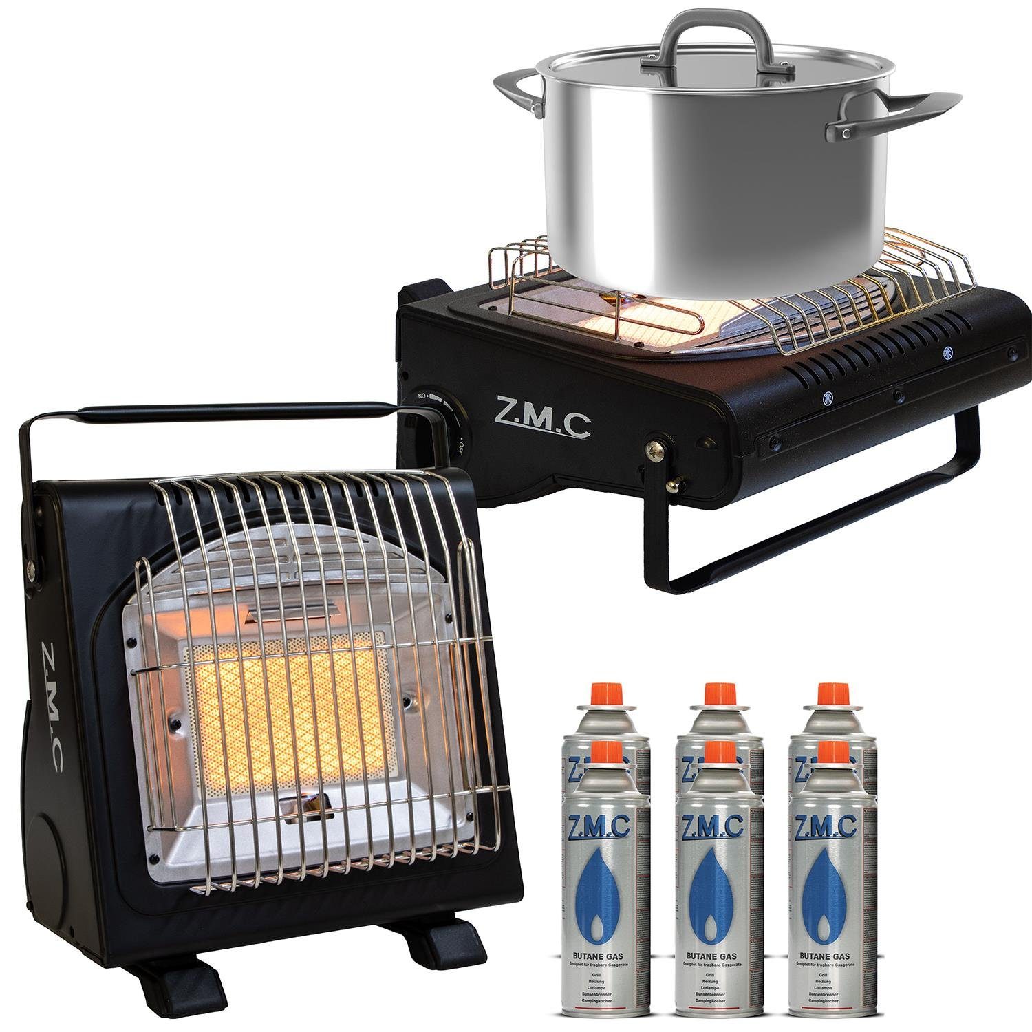 Z.M.C.GMBH Heizstrahler 2in1 Tragbare Camping Gaskocher Gasheizung + 6x Gaskartuschen MSF-1A, 227g Camping Heizung Heizstrahler Zeltheizung Butangas Campingkocher