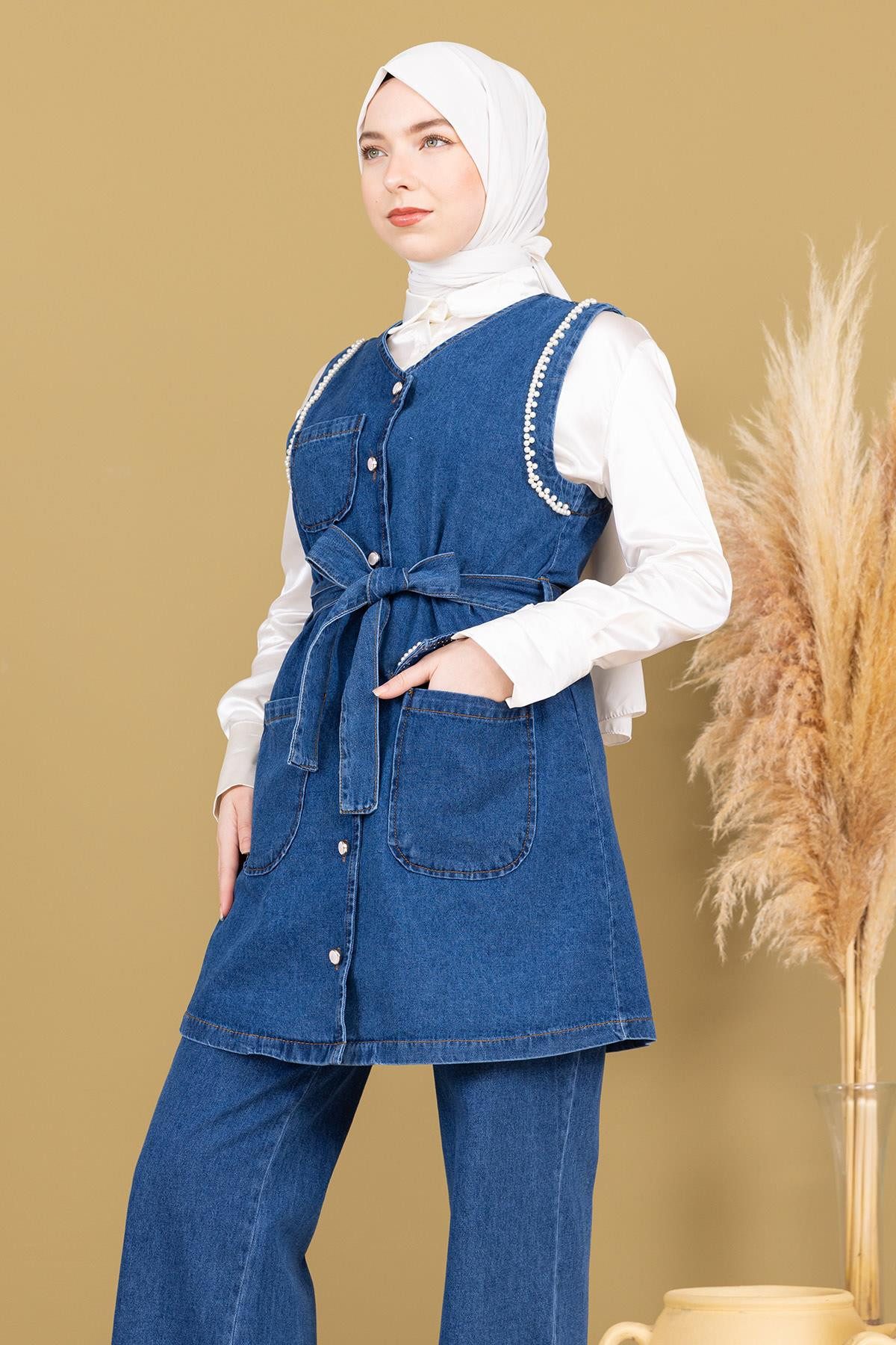 MODAMİHRAM Blusentop Dunkelblaues İnci Denim Set - Detailliertes Doppel-Jea günstig online kaufen