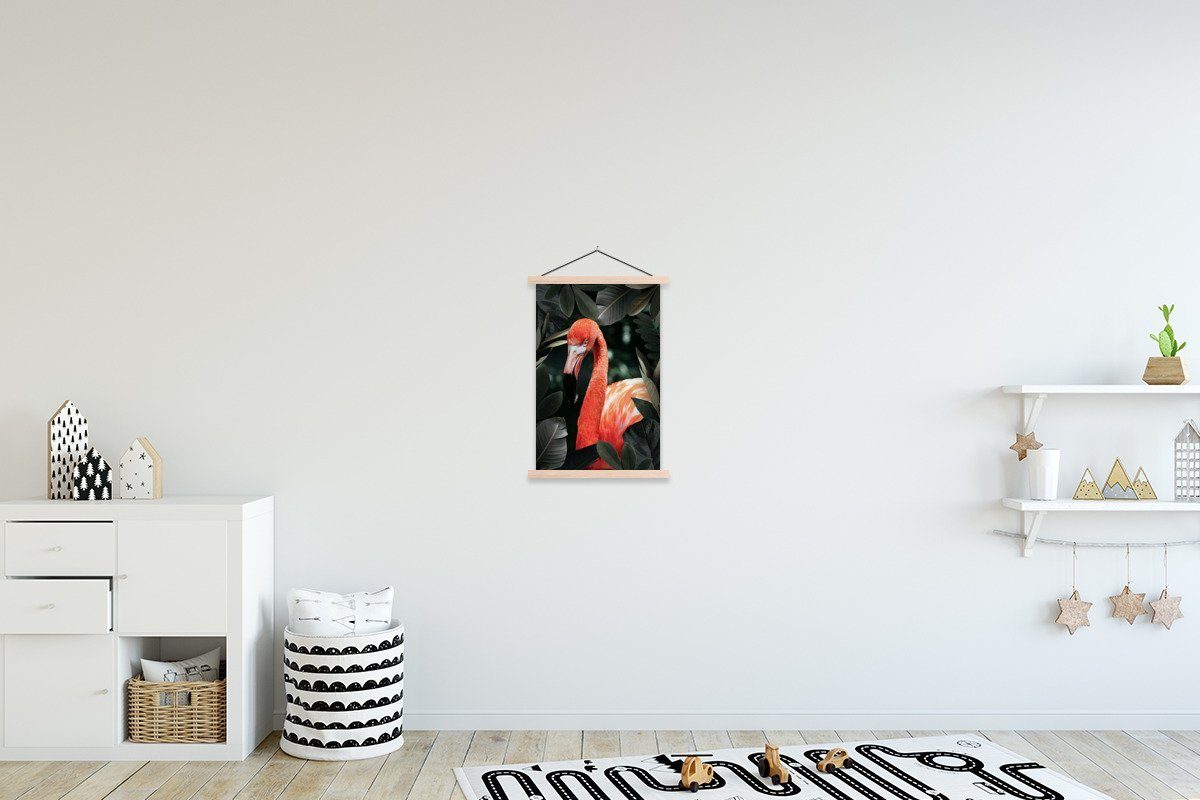 MuchoWow Poster Flamingo - Blätter - Grün, (1 St), Posterleiste, Textilposter für Wohnzimmer, Bilderleiste, Magnetisch