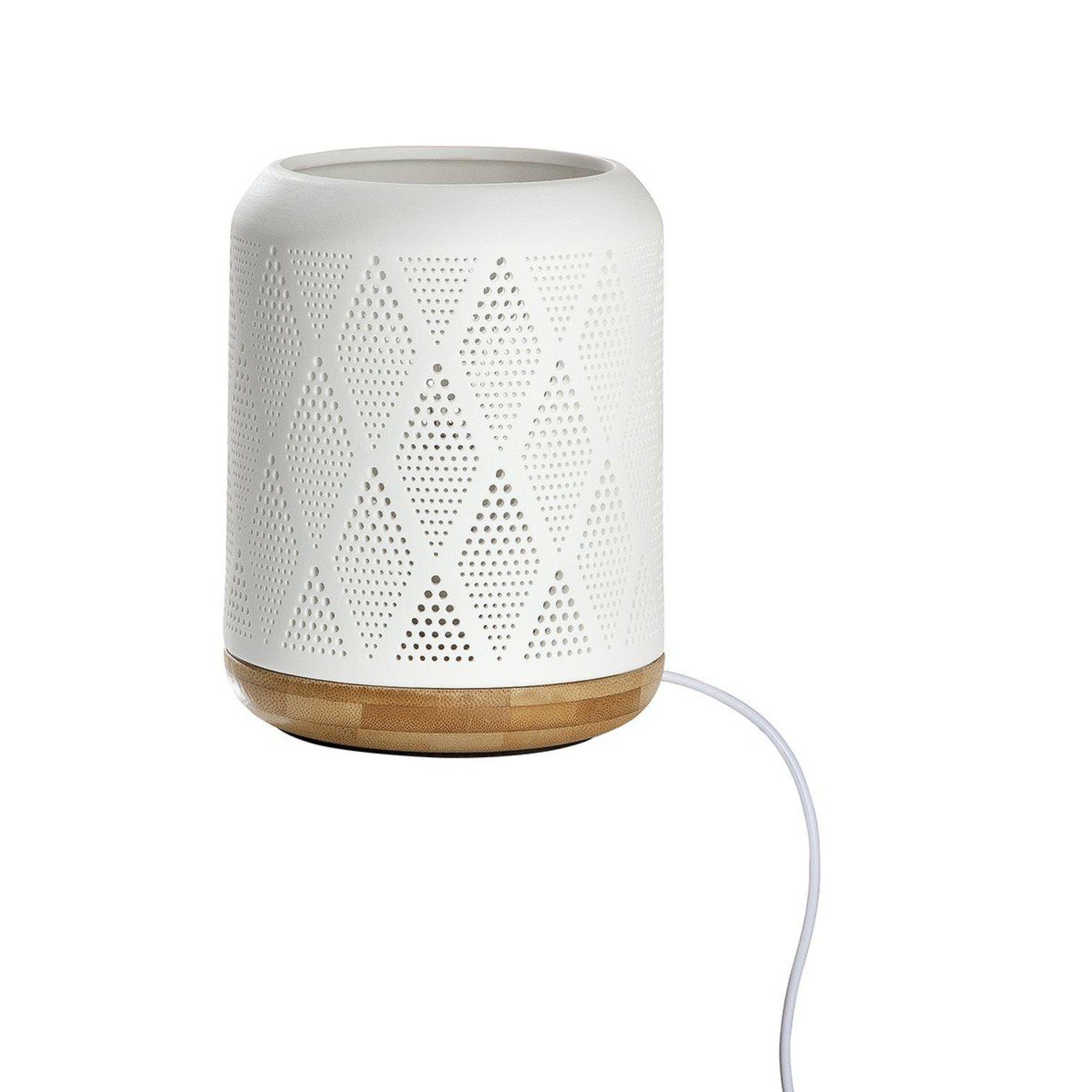 GILDE Tischleuchte Porzellan Lampe Prickelraute weiß / Sockel in Holzoptik günstig online kaufen