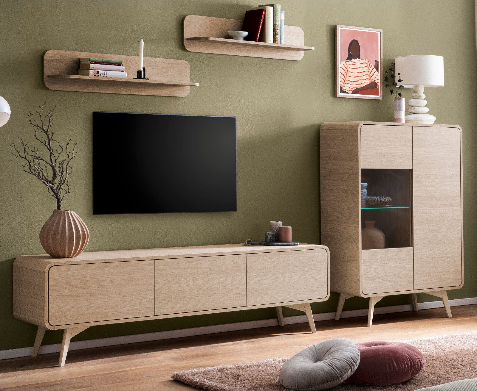 Furn.Design Wohnwand Elverum, (4-teilige Schrankwand in Eiche Natur, Breite ca. 290 cm), mit Dämpfung und Push-To-Open-Funktion