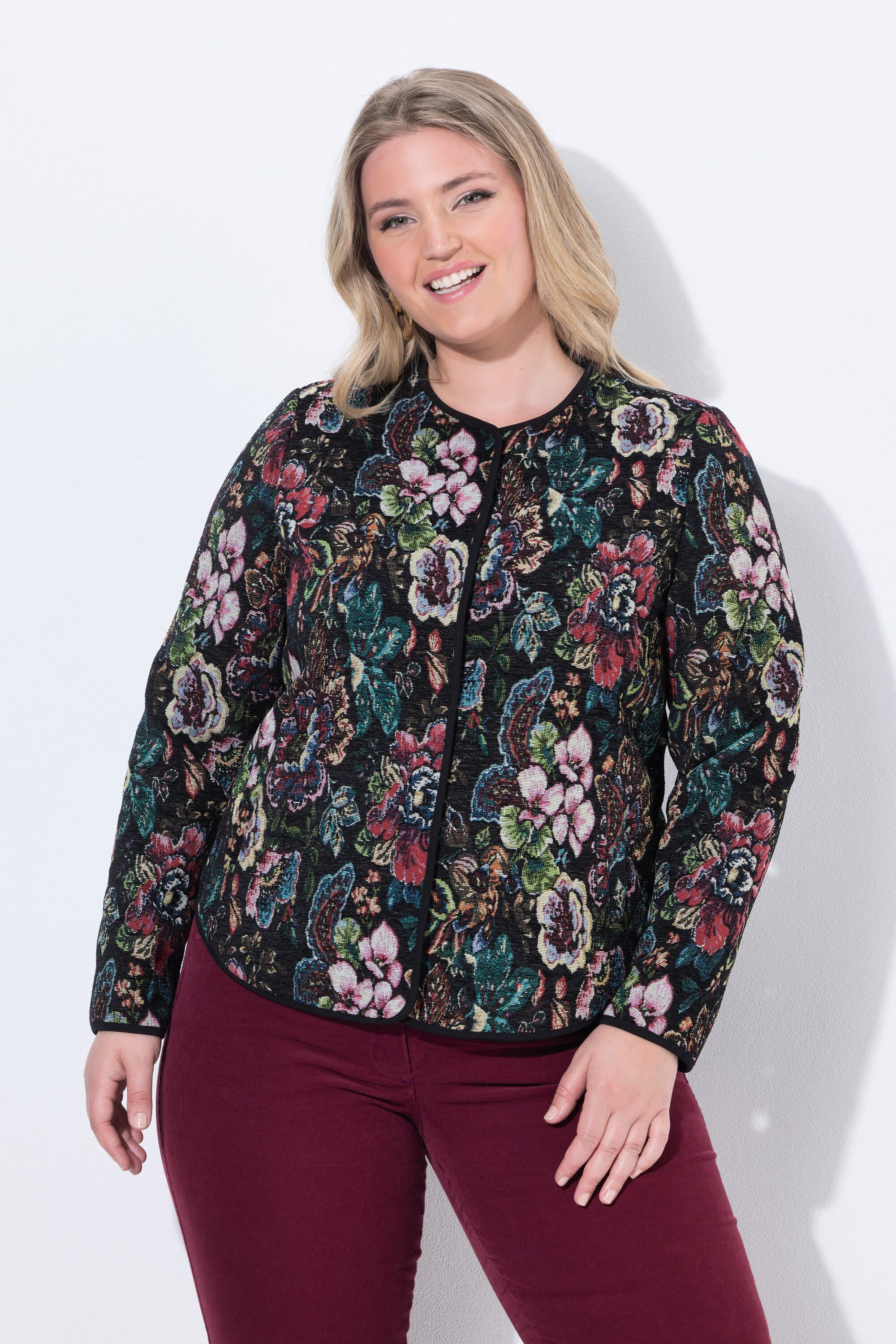 Ulla Popken Kurzjacke Jacquardjacke Blüten Piping Rundhals Langarm