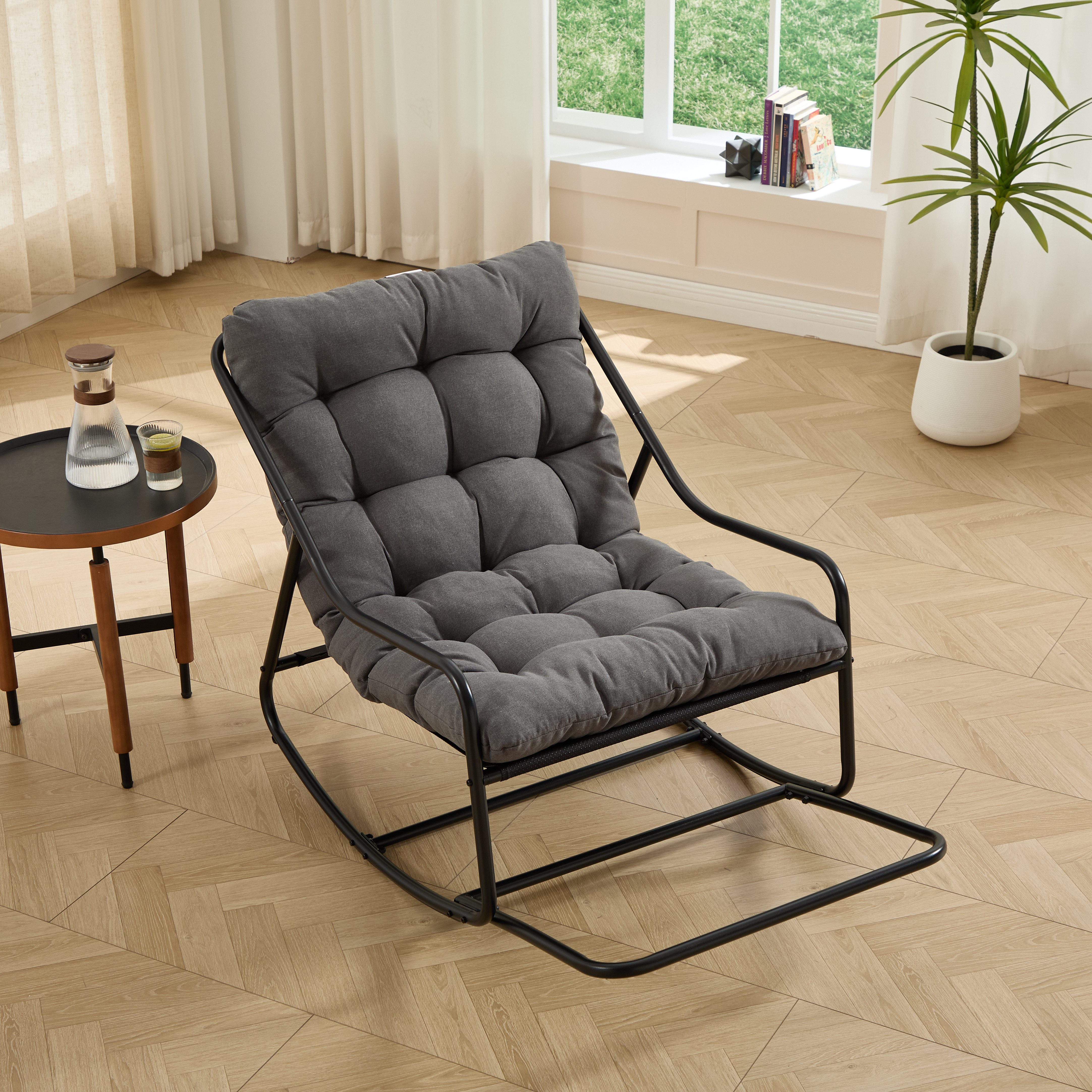 Odikalo Schaukelstuhl Gartenstühle Relaxsessel Polsterstuhl mit Schlaffunktion (Stühle für den Außenbereich bequemes Kissen mit weichem dickem Polster für Wohnzimmer Schlafzimmer Leseecke schwarzes Gestell mit grauem Kissen)