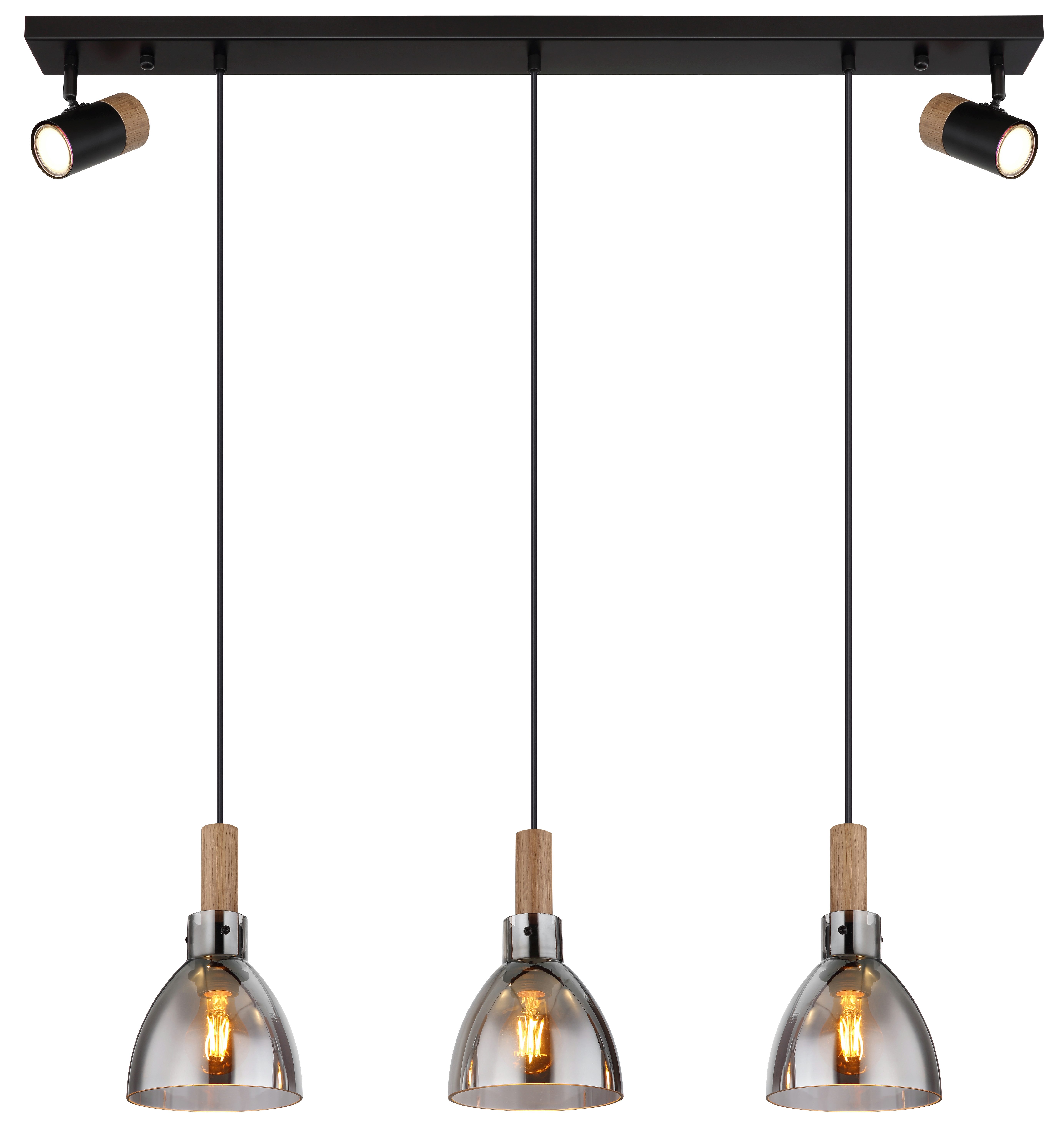 GLOBO LIGHTING Hängeleuchte MATTEA, Leuchtmittel wechselbar, Schwarze Hängeleuchte mit Rauchglas, MDF, GU10 & E27 Spots