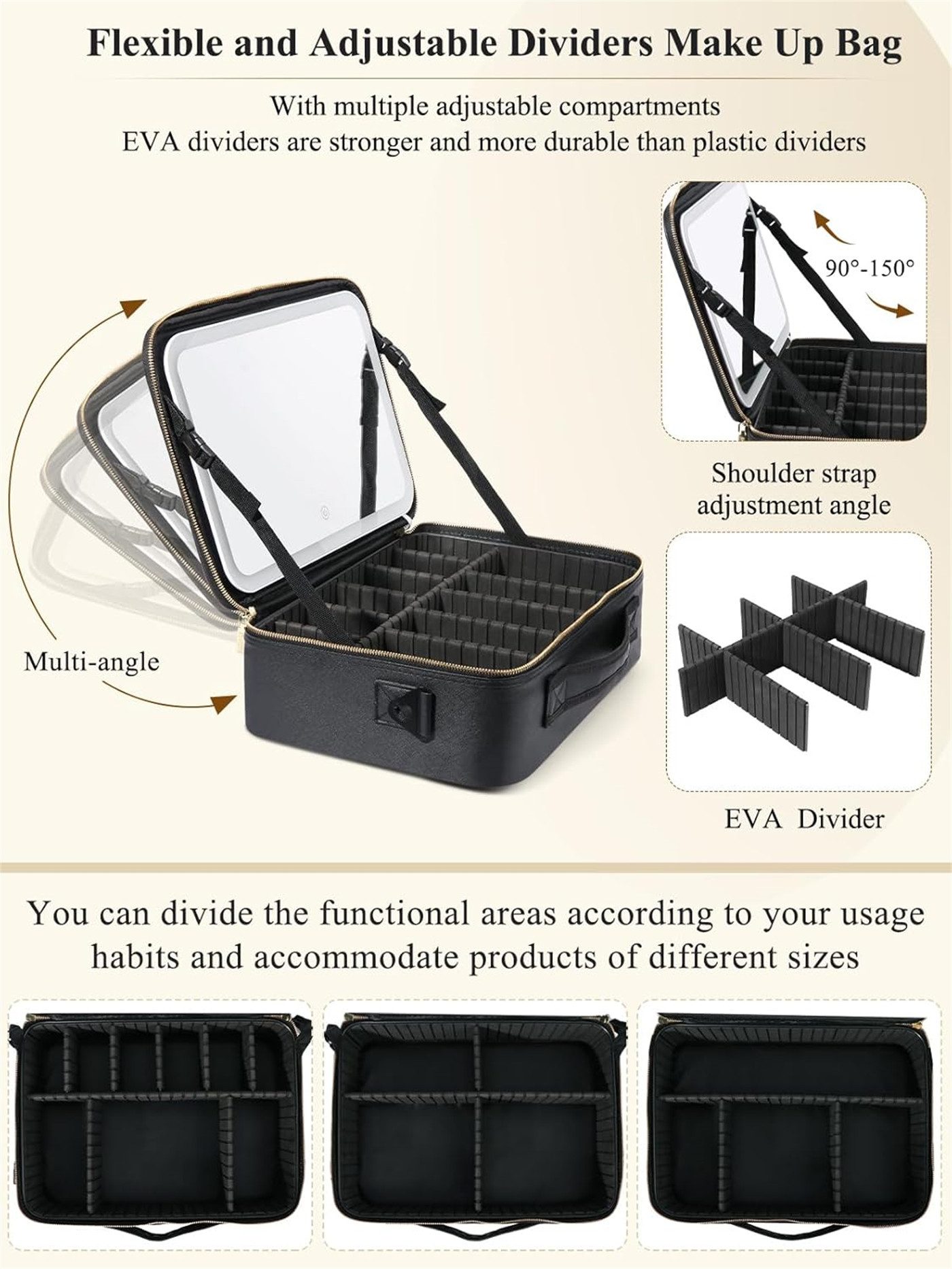 autolock Kosmetiktasche Make up Tasche,Kosmetiktasche mit LED Spiegel(3 Farbe)Schminktasche, Mit großer Pinselstauraum,USB-C Aufladung,Reisebox für Damen
