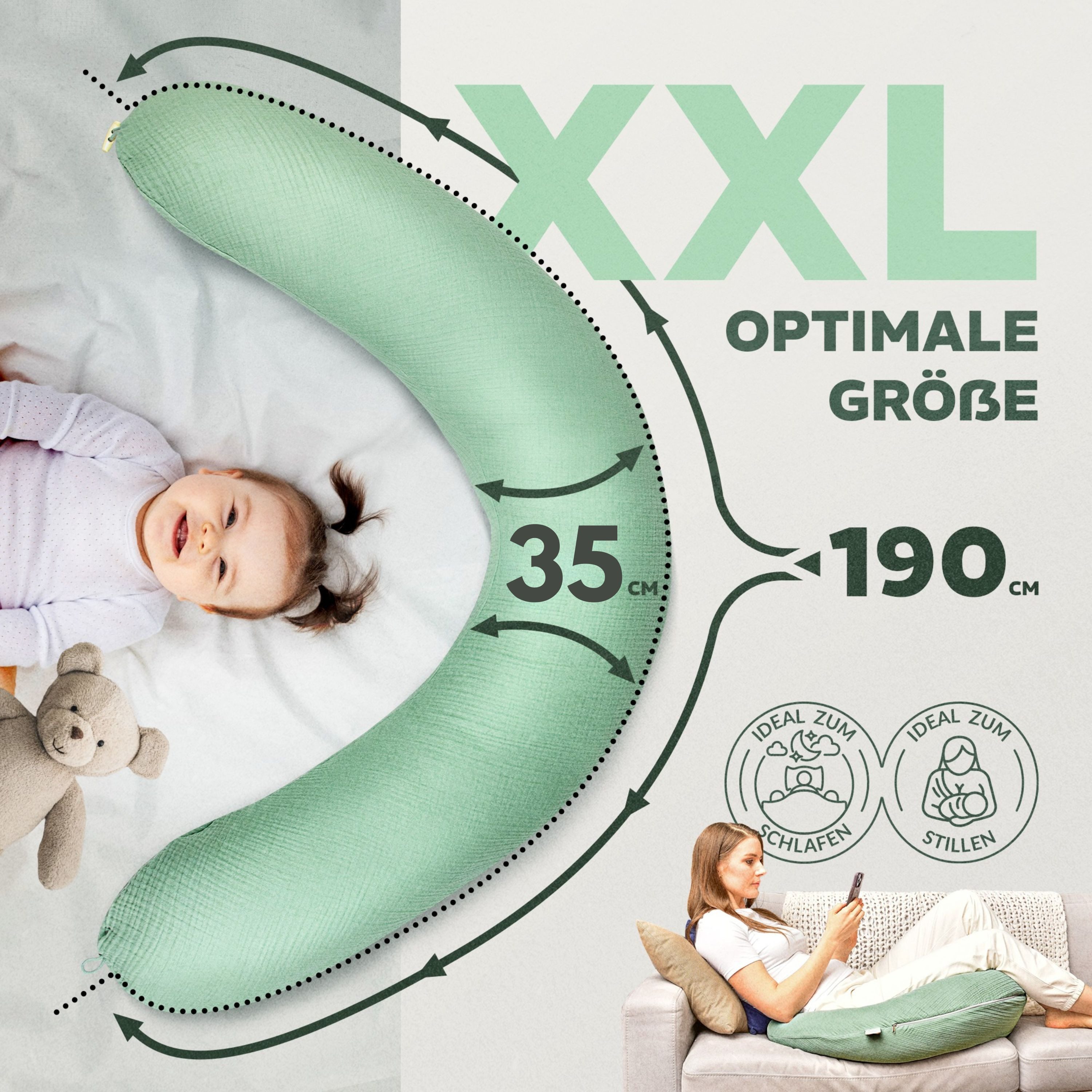 SEI Design Stillkissen Seitenschläferkissen Babynestchen mit EPS Mikroperlen, Schwangerschaftskissen mit Bezug, Schwangerschaftskissen mit Bezug, Musselin BIO B – Bild 4 von 5
