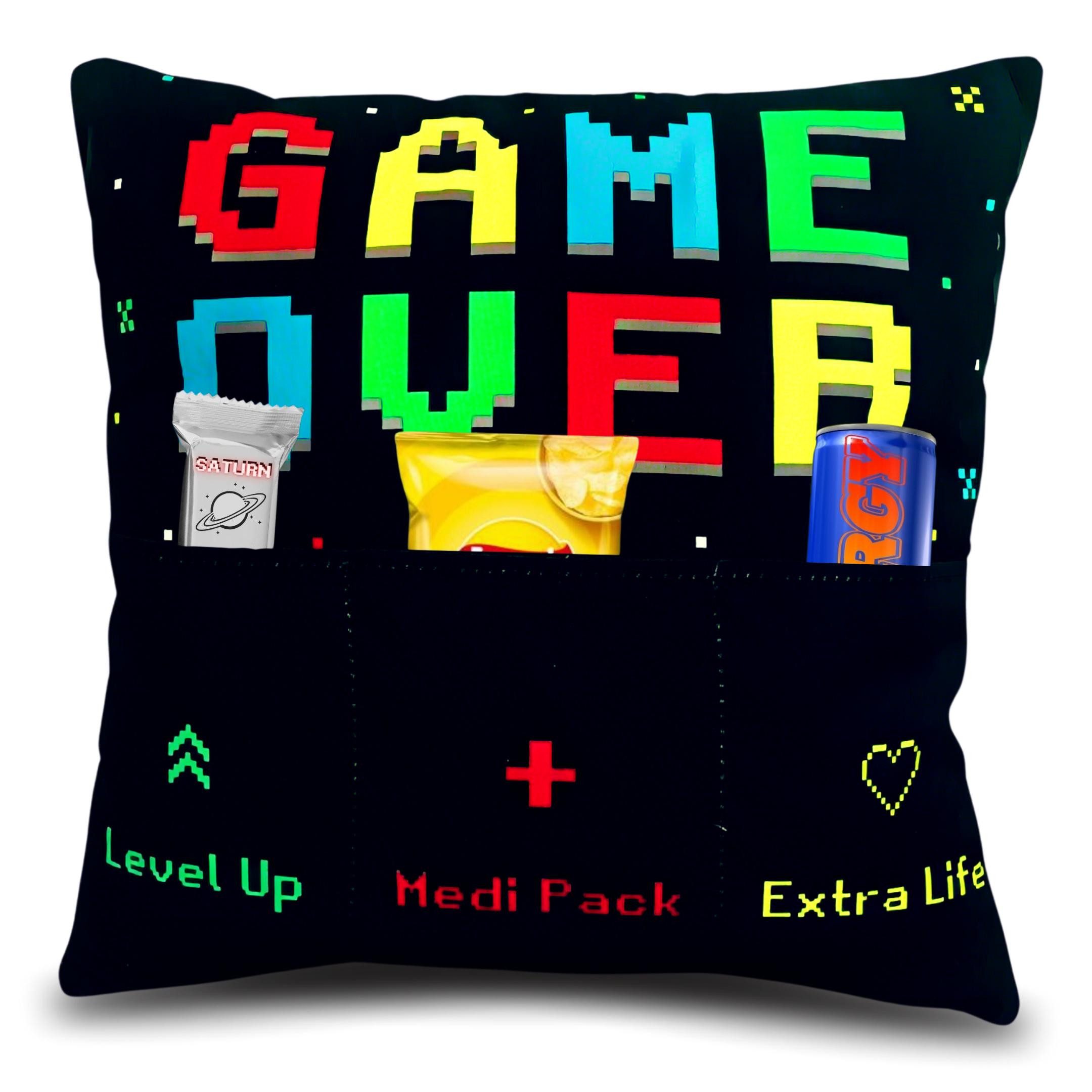 Bada Bing Dekokissen Game Over Kissen mit Taschen zum befüllen Gamer Geschenk, mit 3 Taschen zum befüllen