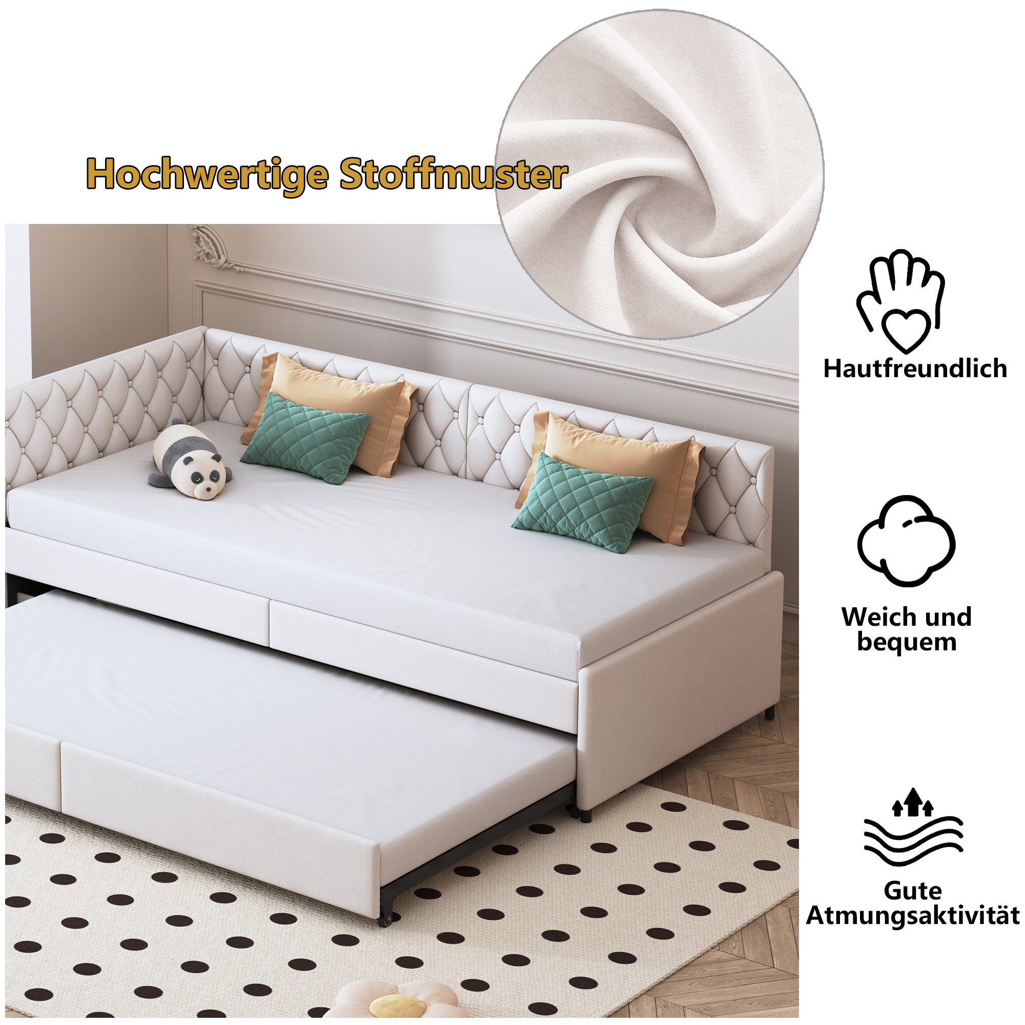 Simurq Daybett Schlafsofa 90/180x200cm, Ausziehbett, Mit Unterbett, Tagesbett, Mit Lattenrost, Samt, Gästebett, Platzsparend