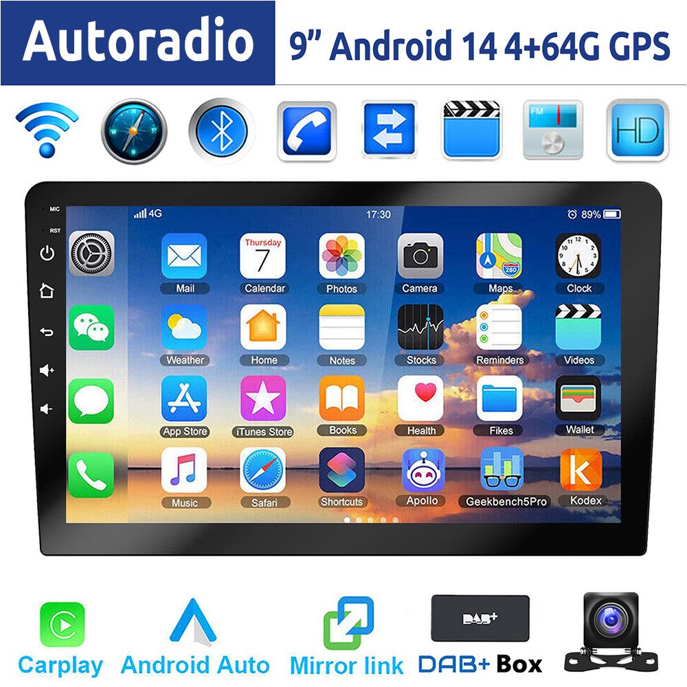 ESSGOO 9/10 Zoll Doppel 2 DIN Android 14 Wireless Carplay Android Auto Autoradio (DAB+ (optional), FM, RDS, 4+64GB(optional), FM RDS Bluetooth EQ USB GPS Navi WIFI IPS Touchscreen Mirror Link SWC)