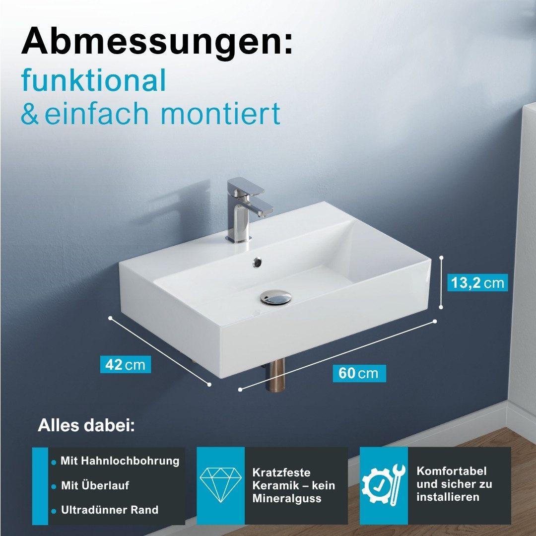 Aqua Bagno Aufsatzwaschbecken Waschbecken 60cm weiß eckig wandhängend Waschtisch (Packung)