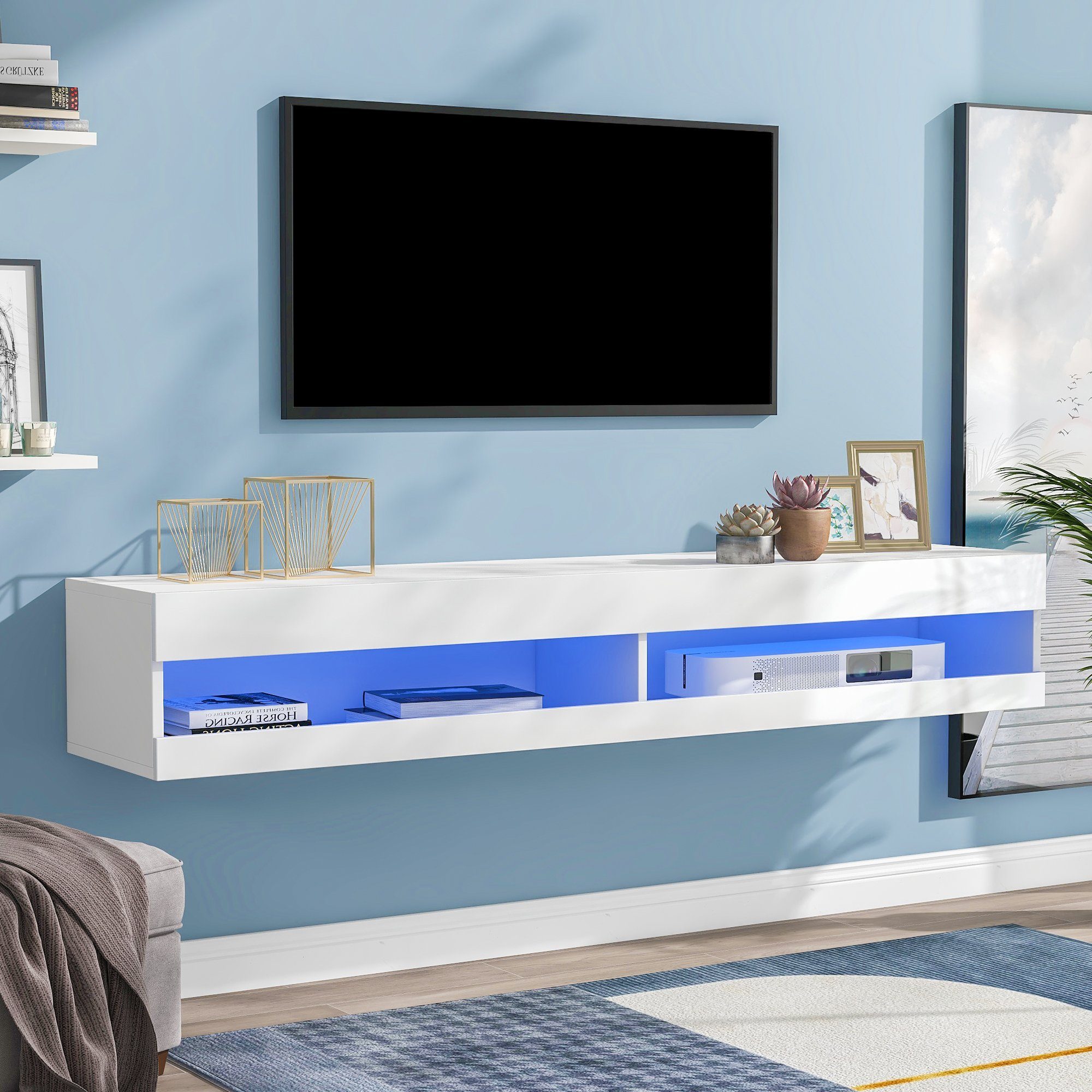 Lowboard, TV-Schrank mit LED-Belechtung, Breite 140 cm, stehend und hängend