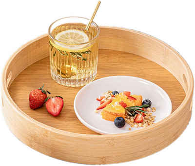 LENBEST Tablett BambusServiertablett,Rundes Tablett Holz mit Griffen und erhöhter Rand, Servierplatte für Lebensmittel Kaffee Wein Kaffee Tee Obst Mahlzeiten