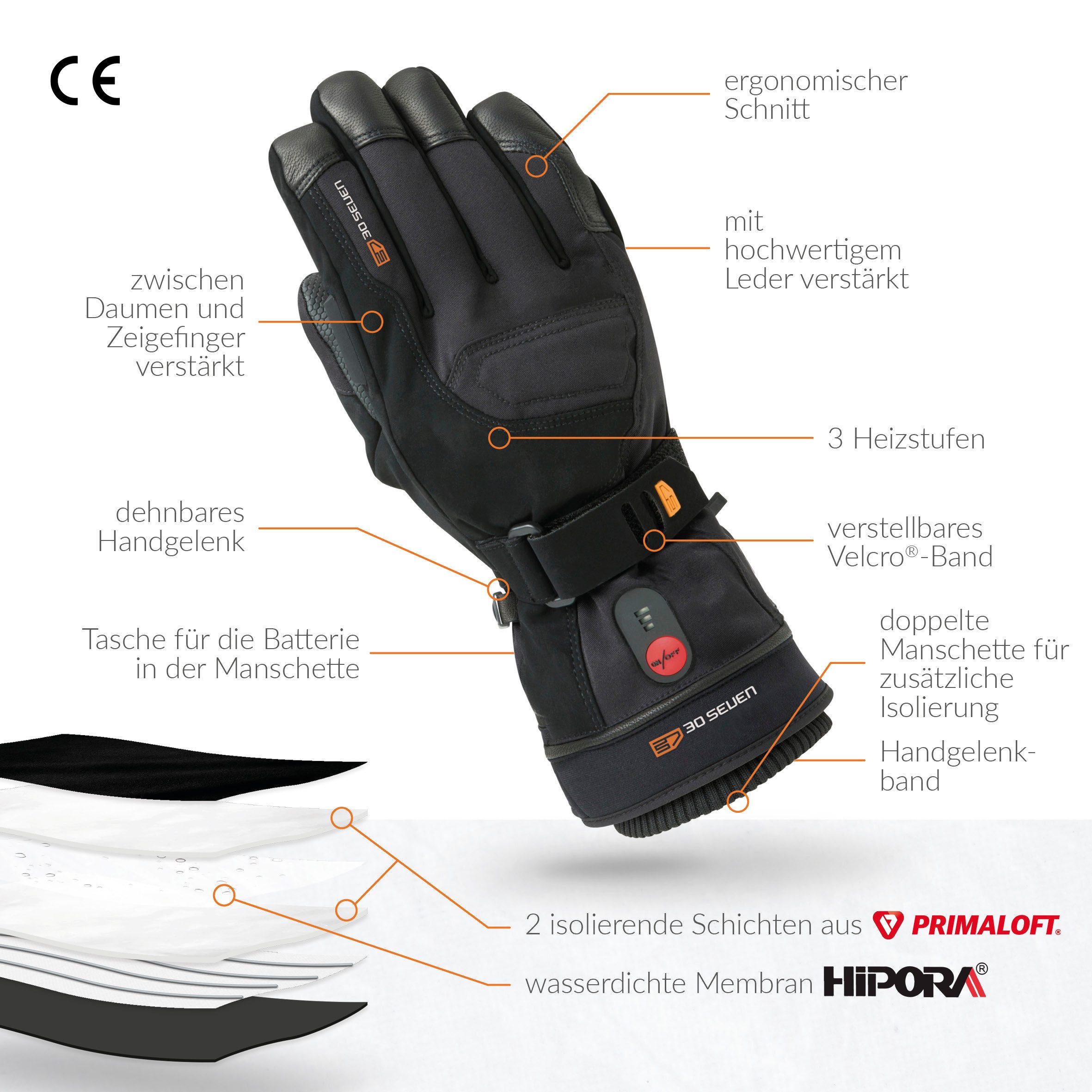 30seven Skihandschuhe beheizte Handschuhe - extra warm 7,4V Set inkl. 2 Akkus & Doppelladegerät