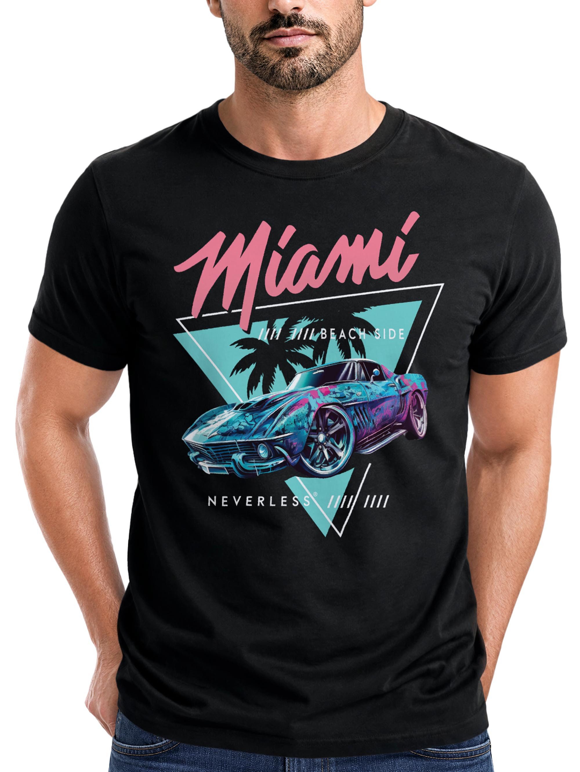 Neverless Print-Shirt Herren T-Shirt Bedruckt Miami Beach Surfing Motiv USA Retro Automobil mit Print