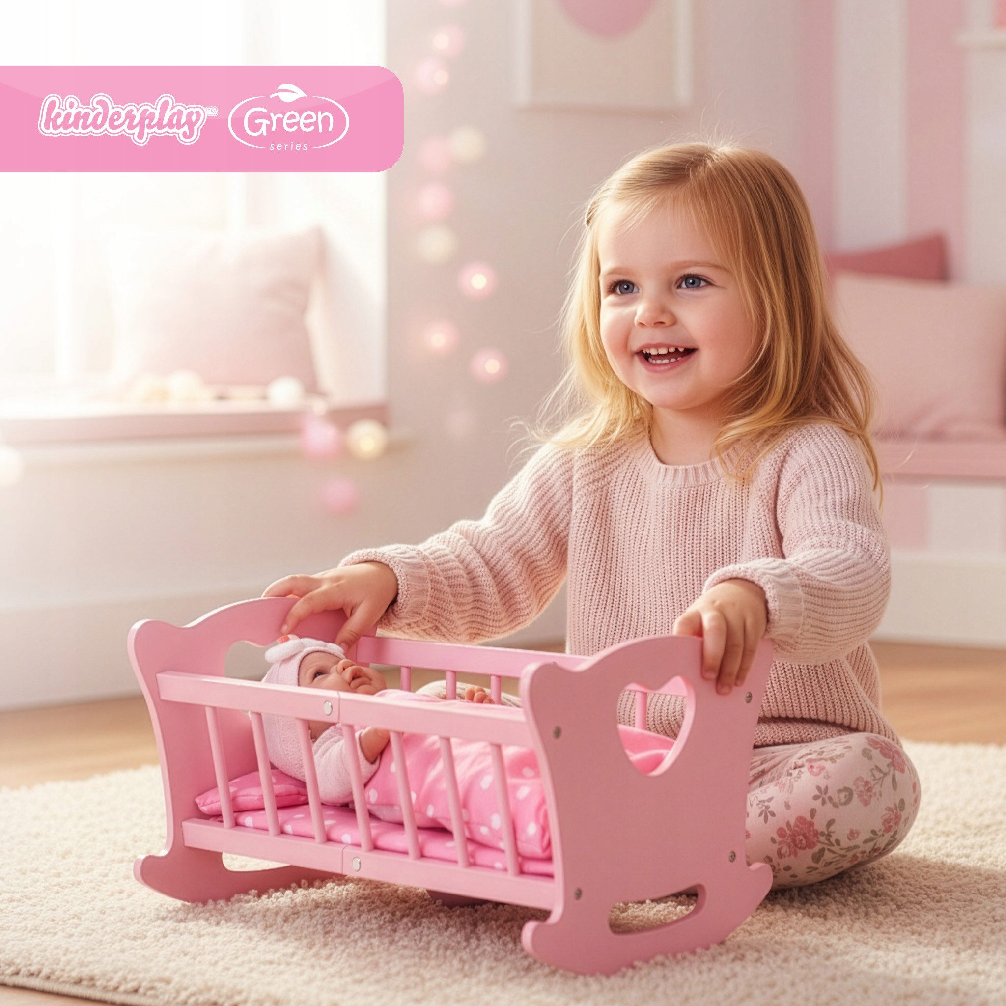 Green Series Puppenwiege Holzpuppenwiege mit Bettwäsche – Rollenspielspaß – günstig online kaufen