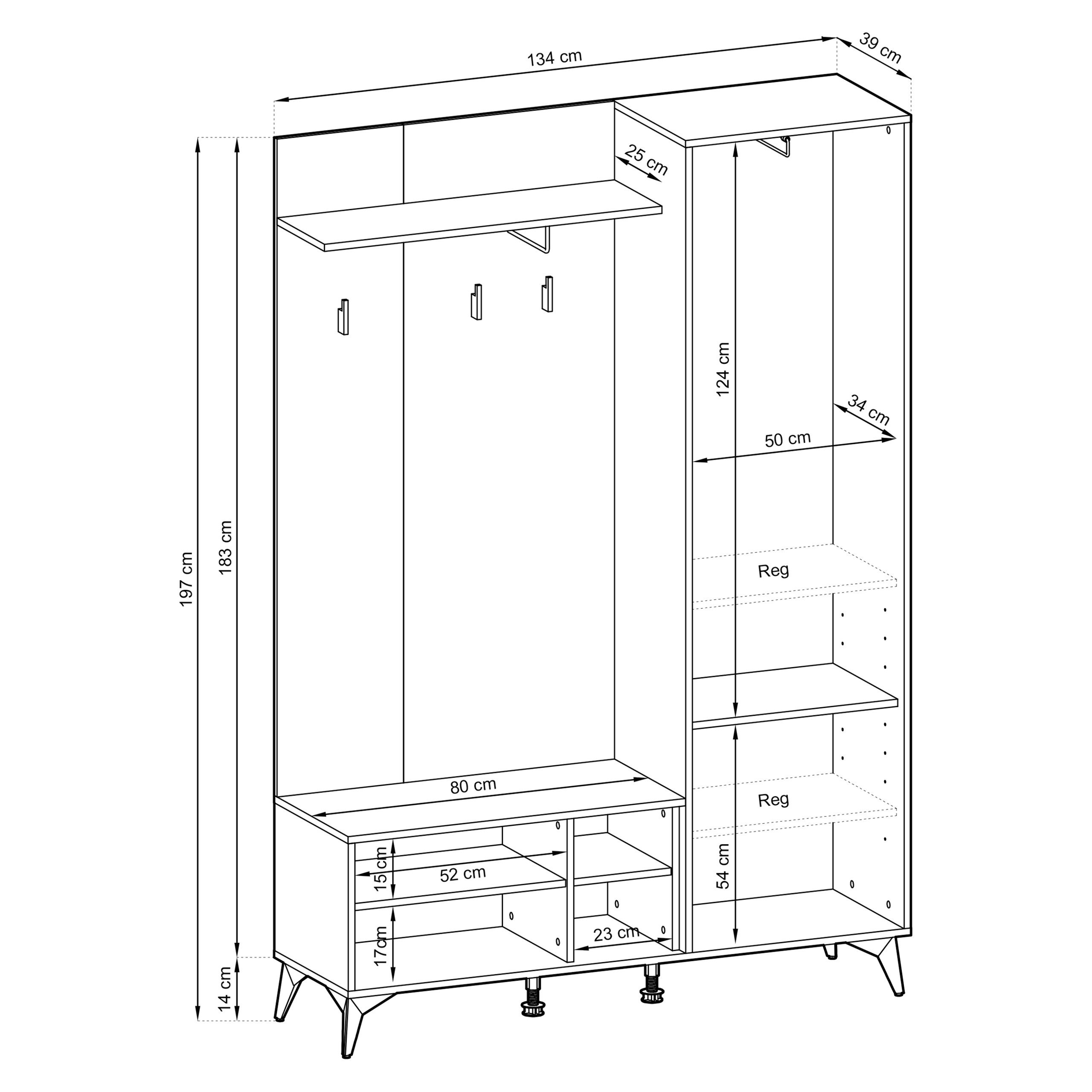 Masseno Garderobenschrank DIAMANTE 134 x 197 cm Flurmöbel mit Spiegel und 2 Türen Schwarz