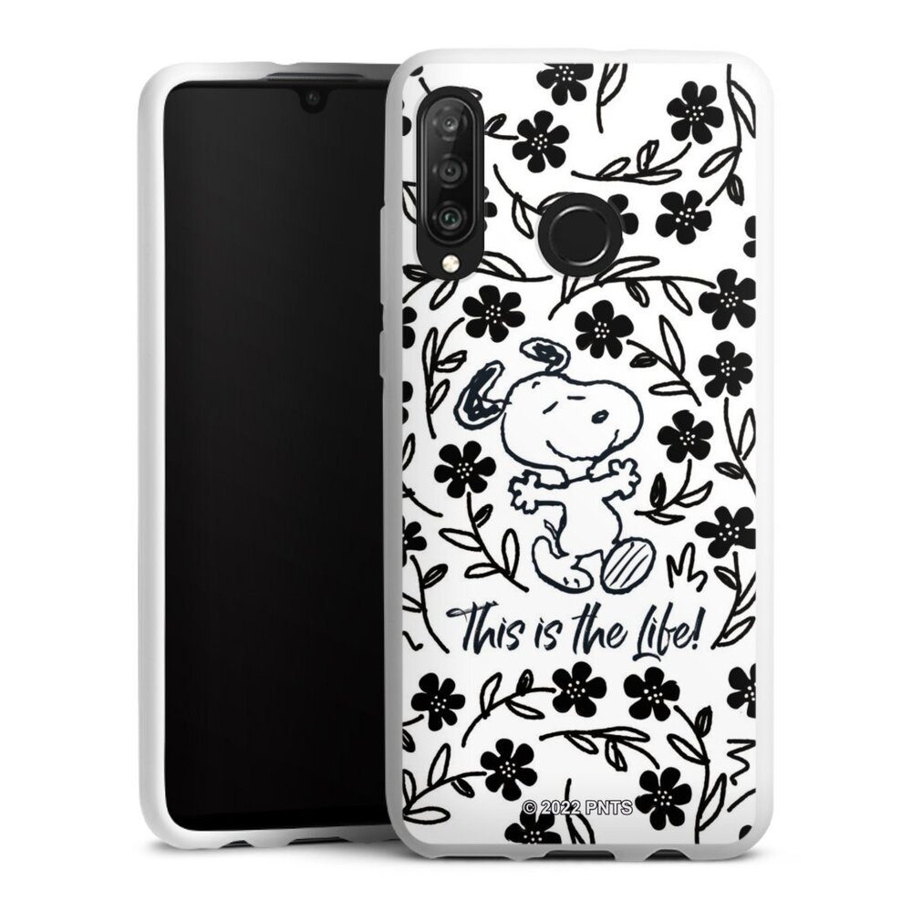 DeinDesign Handyhülle Peanuts Blumen Snoopy Snoopy Black and White This Is The Life, Huawei P30 Lite Premium Silikon Hülle Bumper Case Handy Schutzhülle