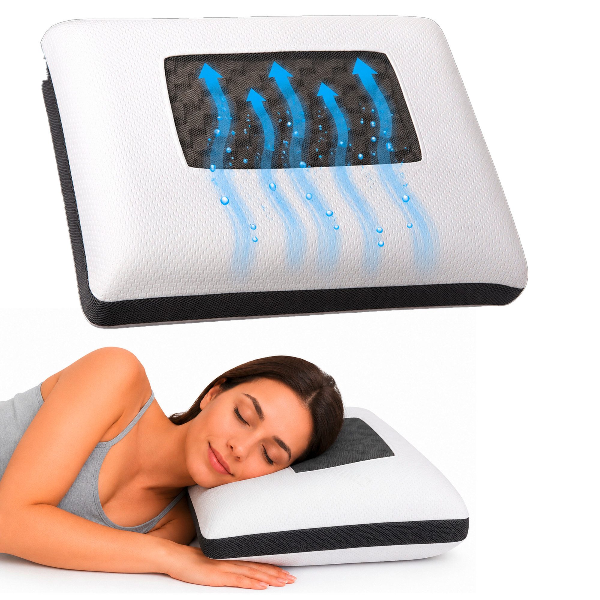 KNERST Nackenstützkissen Orthopädisches Kopfkissen, Füllung: Memory Foam mit Carbon, Bezug: COOLMAX Bezug, Seitenschläfer (größere Seitenschläfer), Rückenschläfer, Ergonomisches Nackenstützkissen mit Carbon für Rückenschläfer