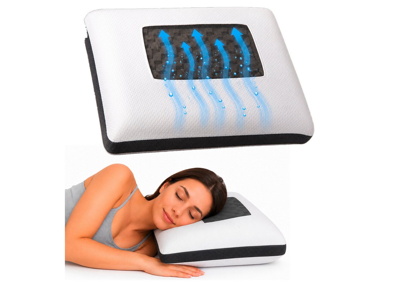KNERST Nackenstützkissen Orthopädisches Kopfkissen, Füllung: Memory Foam mit Carbon, Bezug: COOLMAX Bezug, Seitenschläfer (größere Seitenschläfer), Rückenschläfer, Ergonomisches Nackenstützkissen mit Carbon für Rückenschläfer