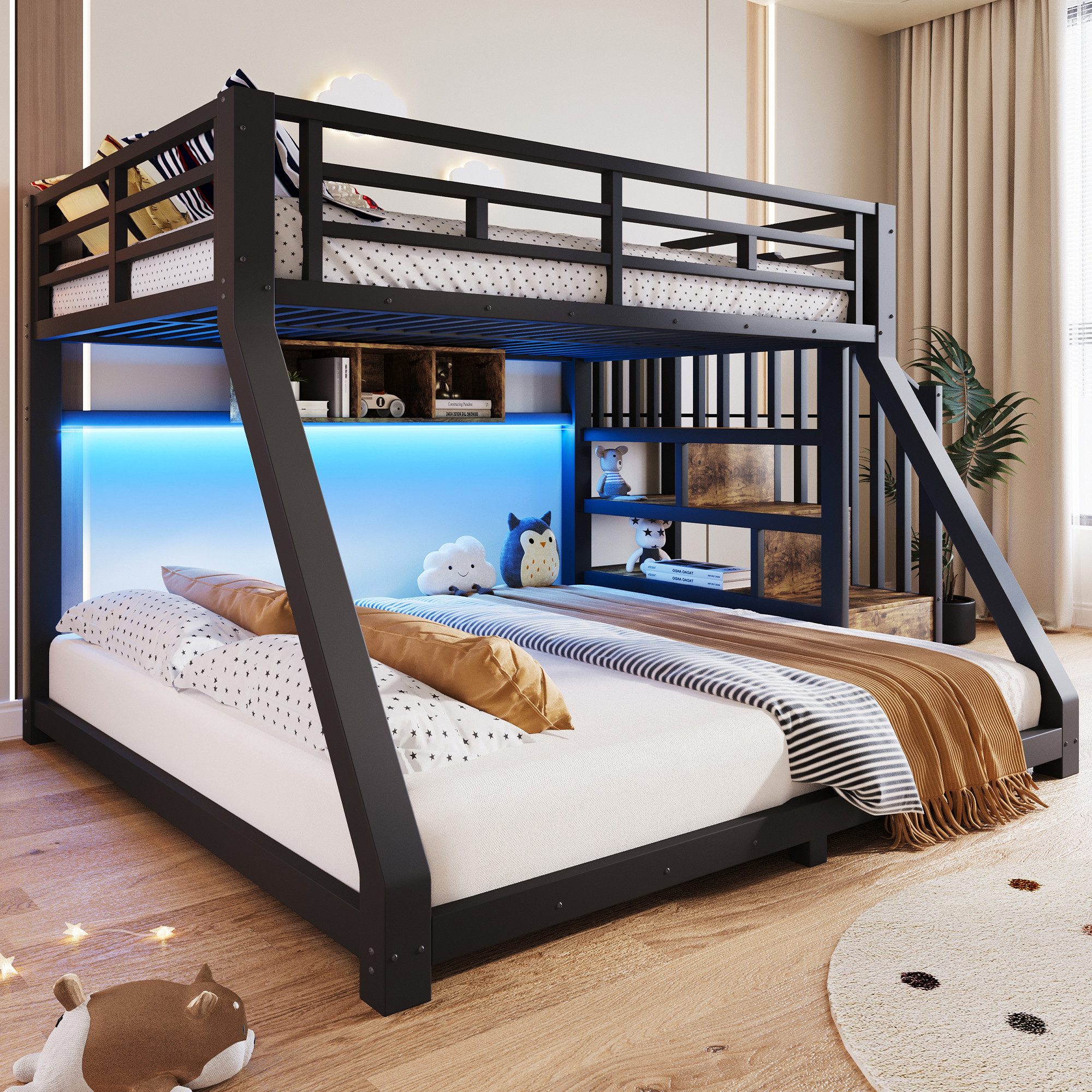 Merax Etagenbett 90x200cm/140x200cm mit LED-Beleuchtung (Kinderbett Jugendbett Stockbett, 1-St), Metallbett mit Stauraumtreppe, 3 Ablagefächern & Sicherheitsgeländer