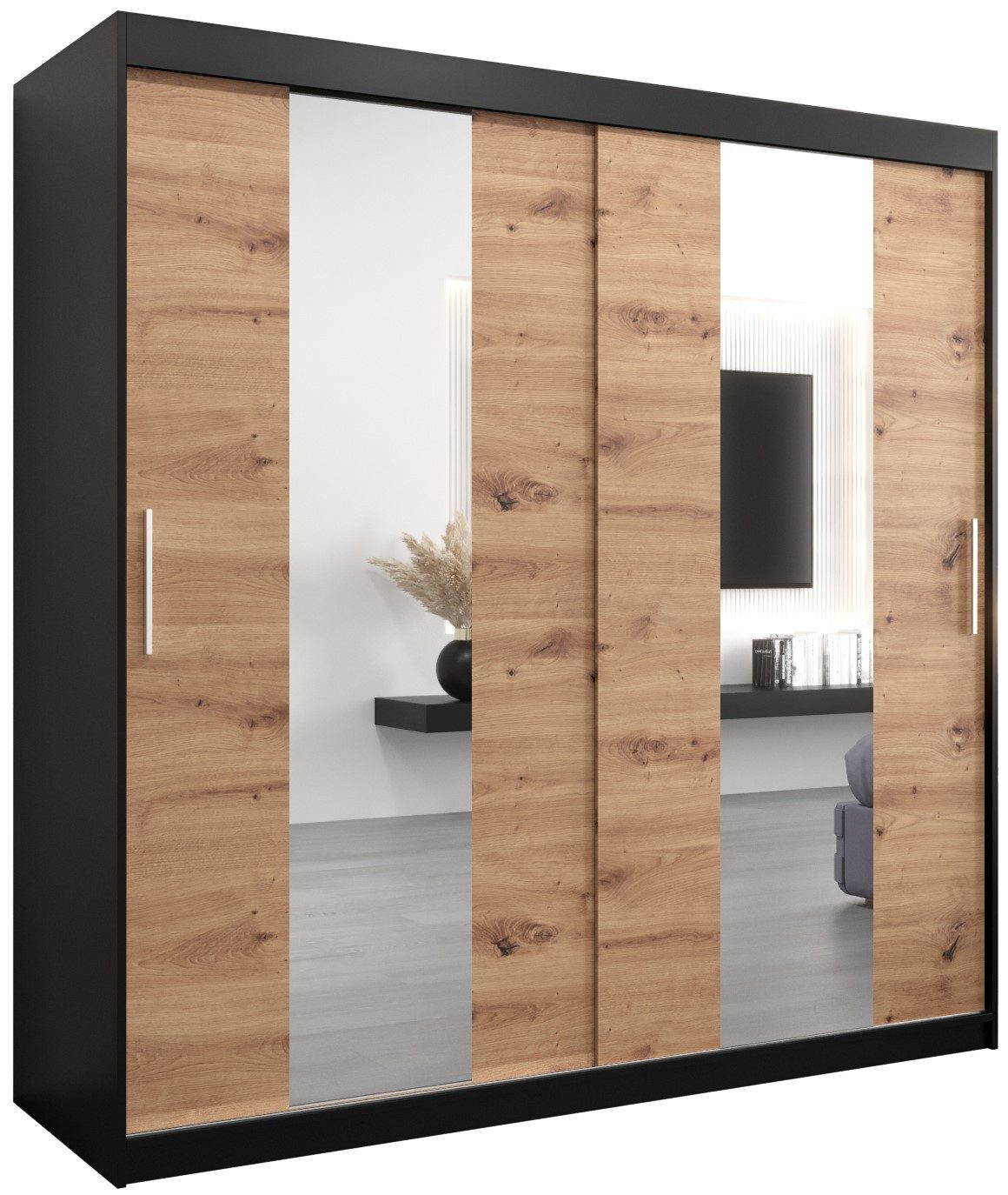 ABIKS MÖBEL Schwebetürenschrank POLE Schlafzimmerschrank - mit Spiegel, Kleiderstange und Regalen
