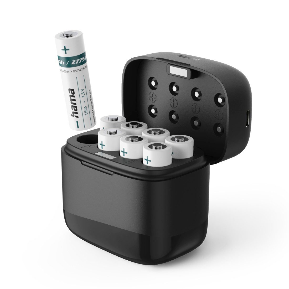 Hama Akku-Ladebox mit 8 AA Li-Ion-Akkus und USB-C-Anschluss Akku-Ladestation (8 Einzelladeschächte, Magnetverschluss, LED-Anzeige, Defekterkennung)