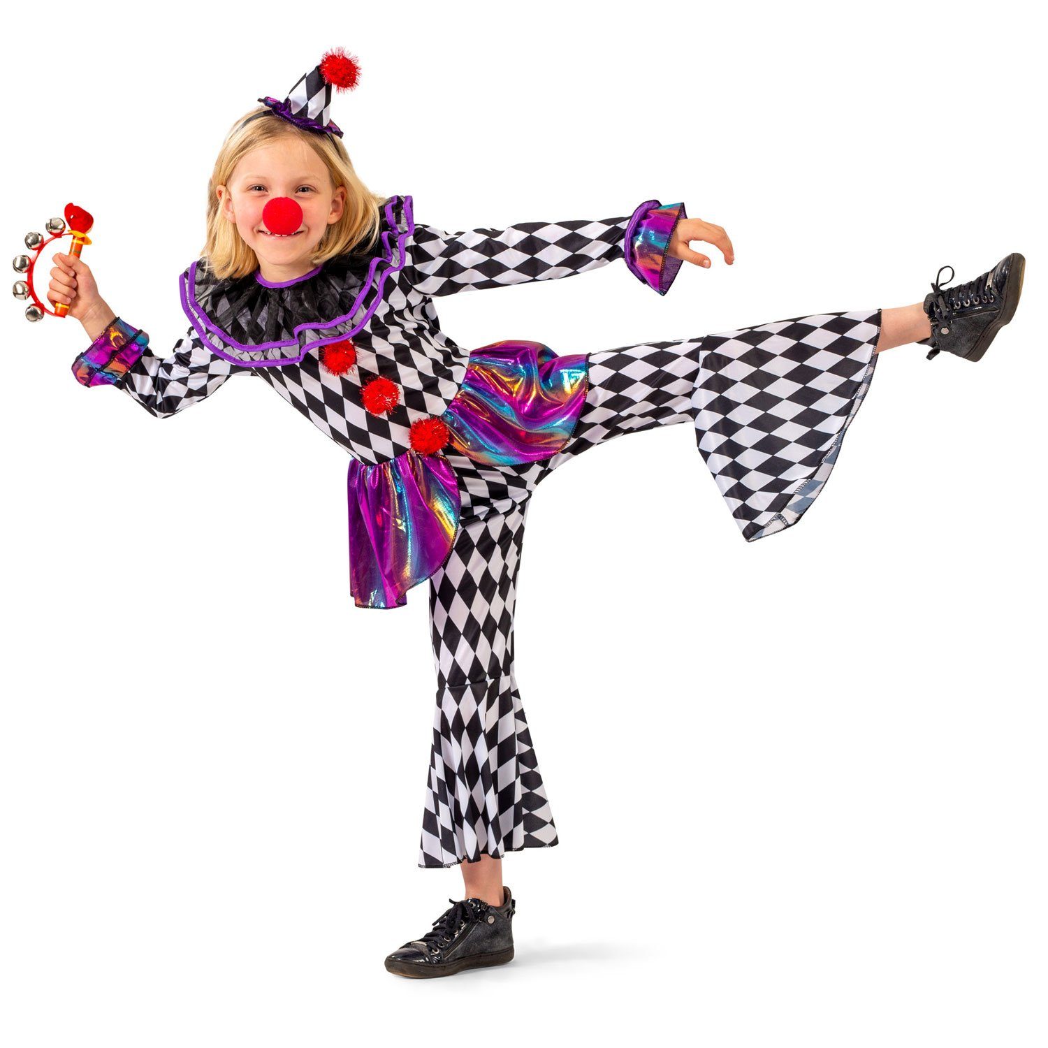 Funny Fashion Clown-Kostüm Harlekin Kinderkostüm 'Chelsey' mit Hut, Pierrot