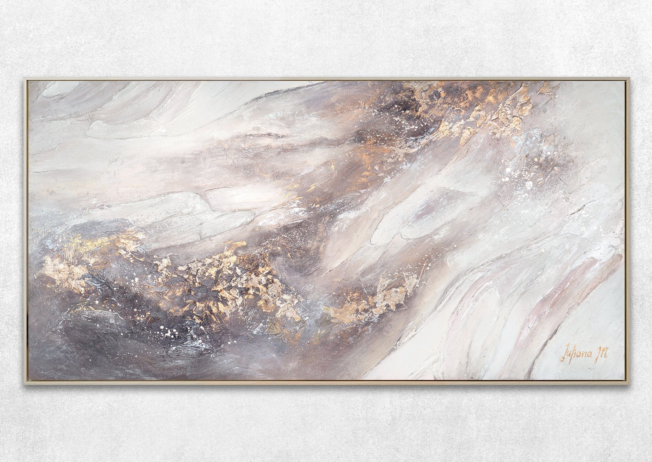 Leinwand Weiß Beige Mit Relax, YS-Art Handgemalt Abstrakte Gold Abstrakt Gemälde Bild Lila Bilder, Rahmen in