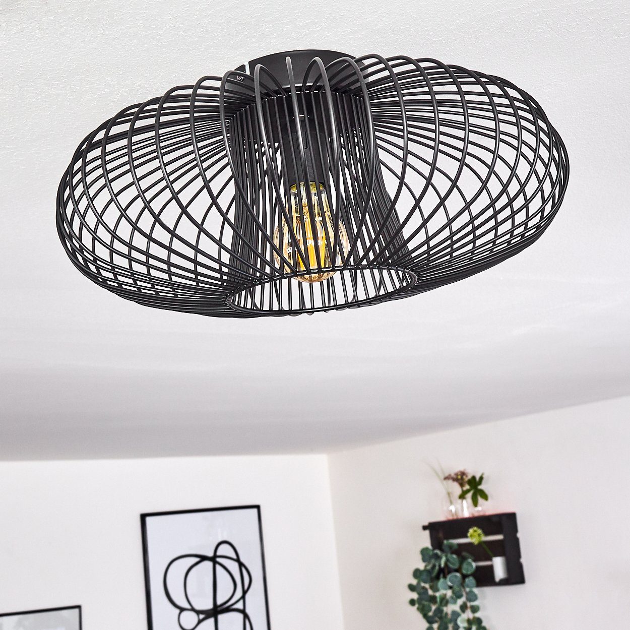 hofstein Deckenleuchte »Pieris« runde Deckenlampe aus Metall in Schwarz, ohne Leuchtmittel, E27, Retro-Leuchte mit Lichteffekt durch Gitter-Optik