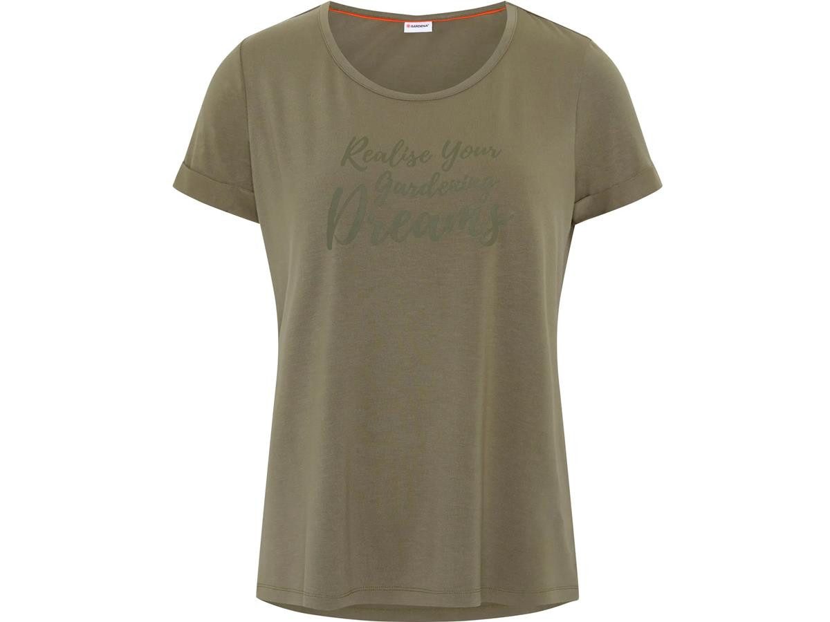GARDENA T-Shirt Damen Schriftzug vorne, Staubiges Olivgrün mit Frontprint, weiche Viskose mit Elasthananteil