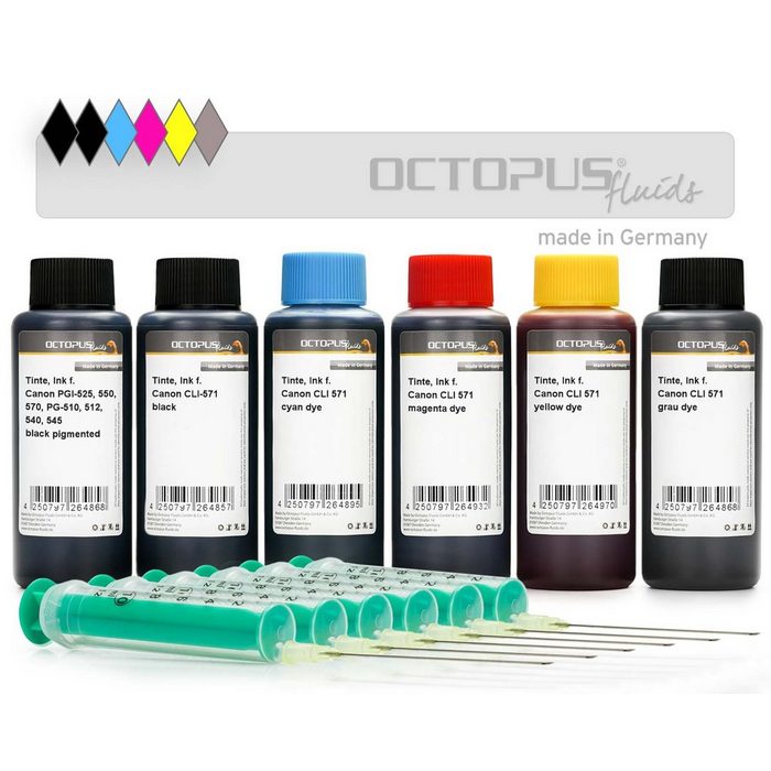 OCTOPUS Fluids Druckertinten Set für Canon PGI-570 CLI-571 Druckerpatronen mit Grau Nachfülltinte (für Canon 6x 100 ml)