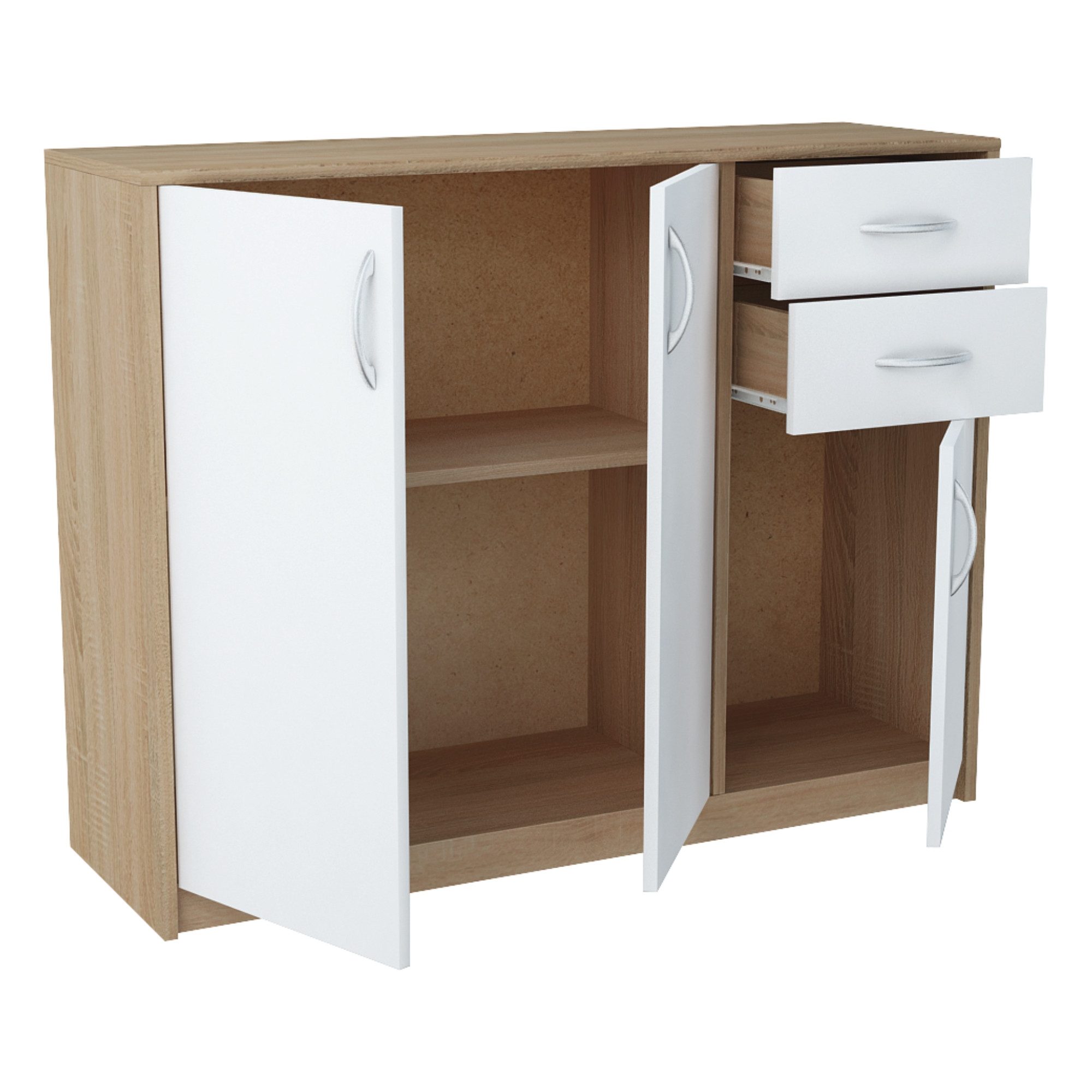 Home Collective Kommode mit 2 Schubladen und 3 Türen in matter Ausführung, Kommode 110cm breit (Hergestellt aus laminierten Platten, Metallrollen mit Auszugsperre), Holz Schrank Sideboard Highboard Kommode mit Schubladen Sonoma-Weiß