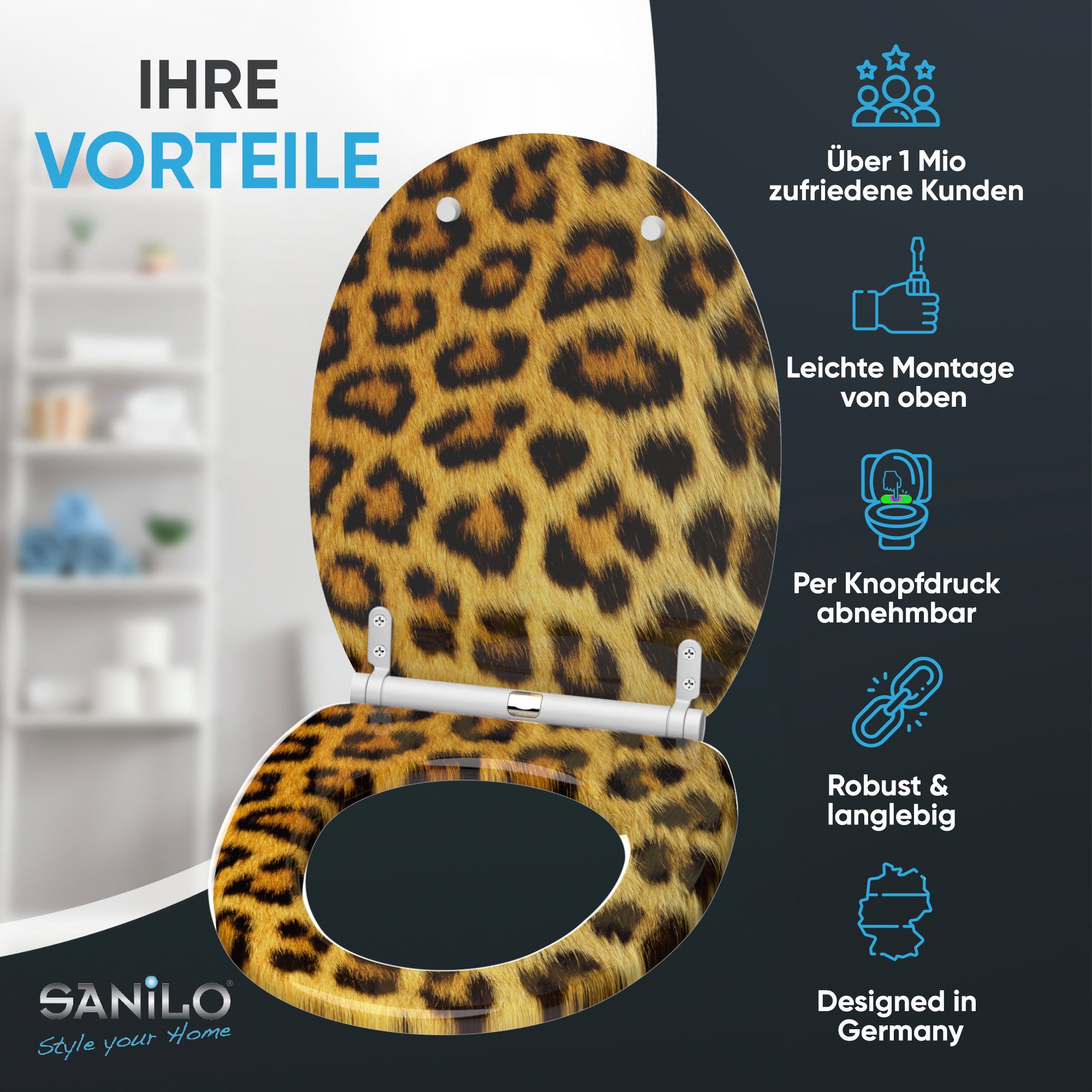 Sanilo WC-Sitz Leopardenfell mit Absenkautomatik & Quick Release, Premium Toilettendeckel, abnehmbar, leichte Montage von oben